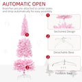 Homcom 6Ft Prelit Snow Flocked Artificial Christmas Tree With Pencil Shape, Pine Realistic Branches, Warm White Led Lights, Auto Open, Pink And White Pink Plastic