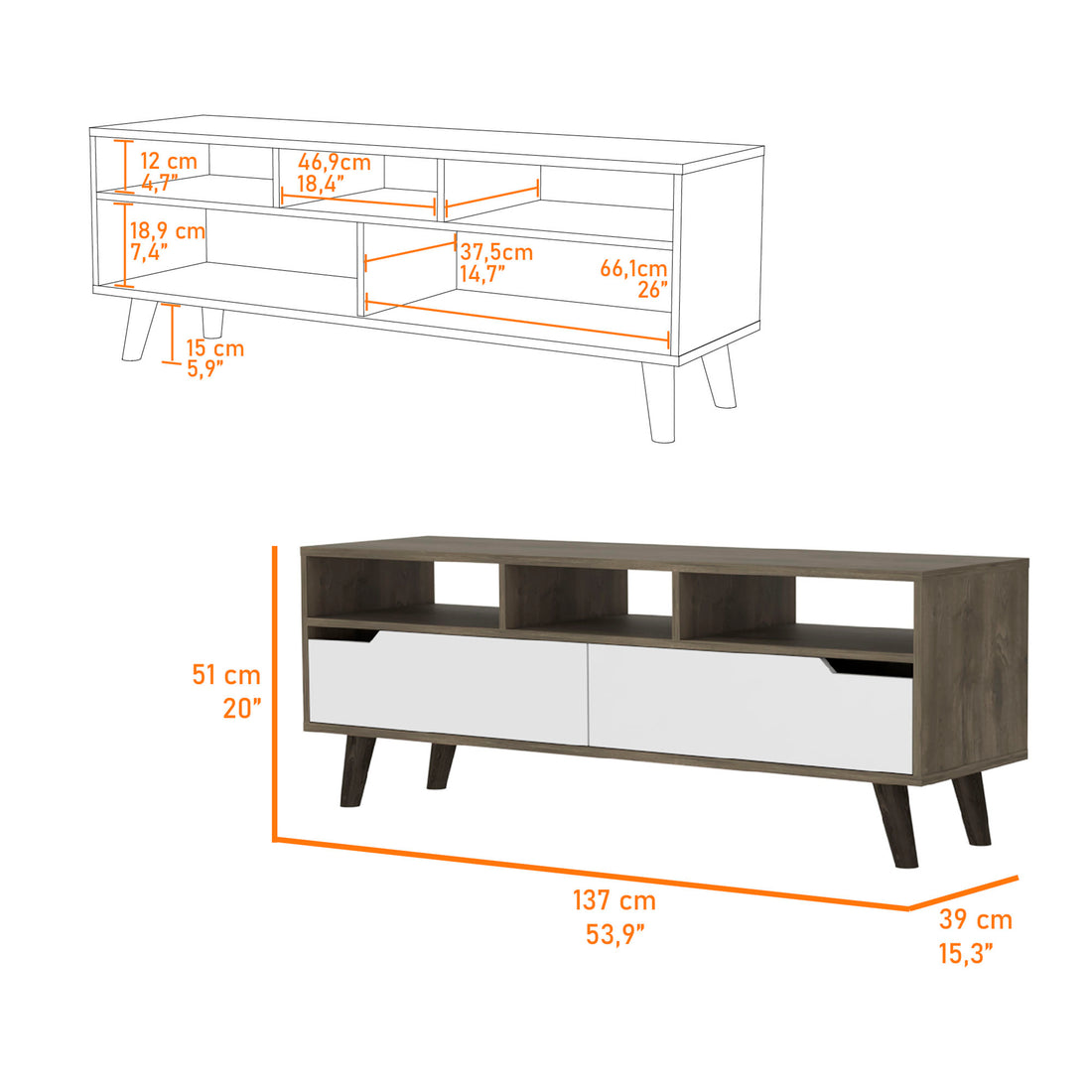 Hamburg Tv Stand For Tv S Up 52", Four Legs, Three Open Shelves,Two Upturned Drawers Multicolor Primary Living Space 50 59 Inches Contemporary 55 Inches Melamine Engineered Wood