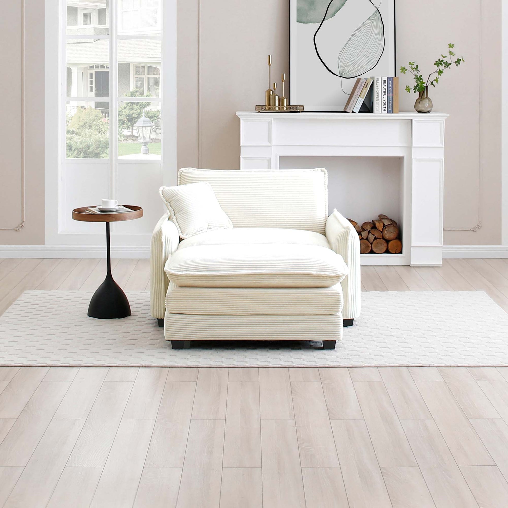 Single Deep Seat Sofa With Footstool With One Pillow, Suitable For Living Room And Bedroom, Club Multiple Occasions,White Corduroy White Corduroy 1 Seat
