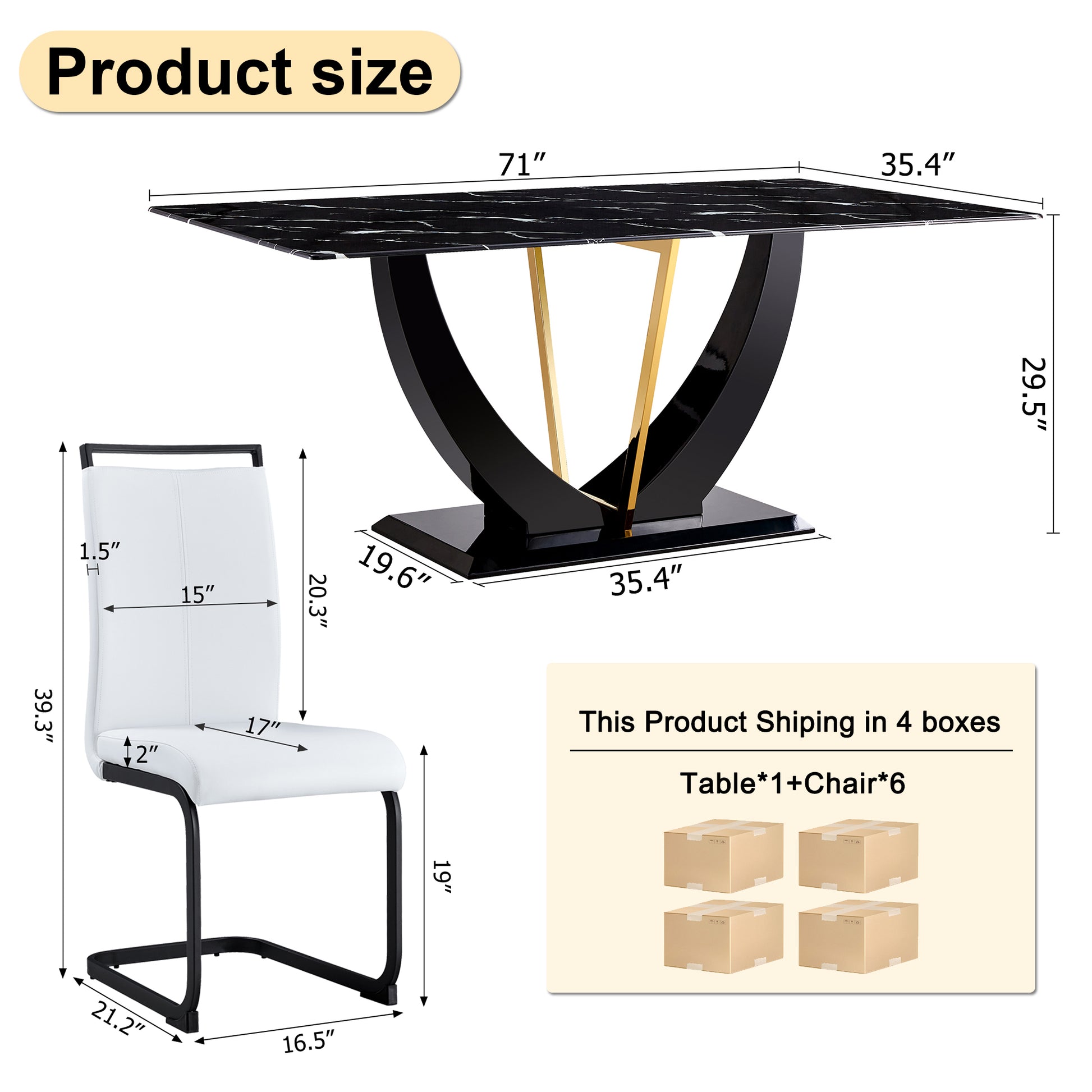 Table And Chair Set, Modern Dining Table, Patterned Table Top And Black Mdf Table Legs, Soft And Comfortable Dining Chair, Perfect For Dinner, Meetings, Home And Office Decor White Black Mdf Glass