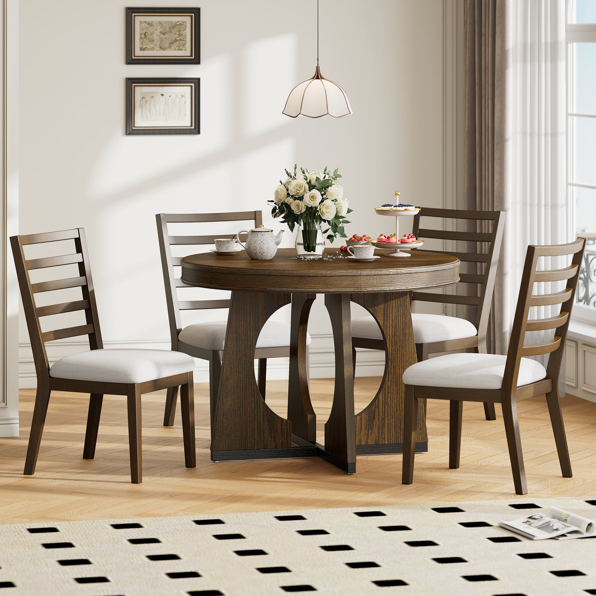 5 Piece Retro Rustic Functional Dining Set Unique Geometric Design, 1 Extendable Table With A 16 Inch Leaf And 4 Upholstered Chairs Ideal For Dining Room And Kitchen Walnut Walnut Solid Wood Mdf