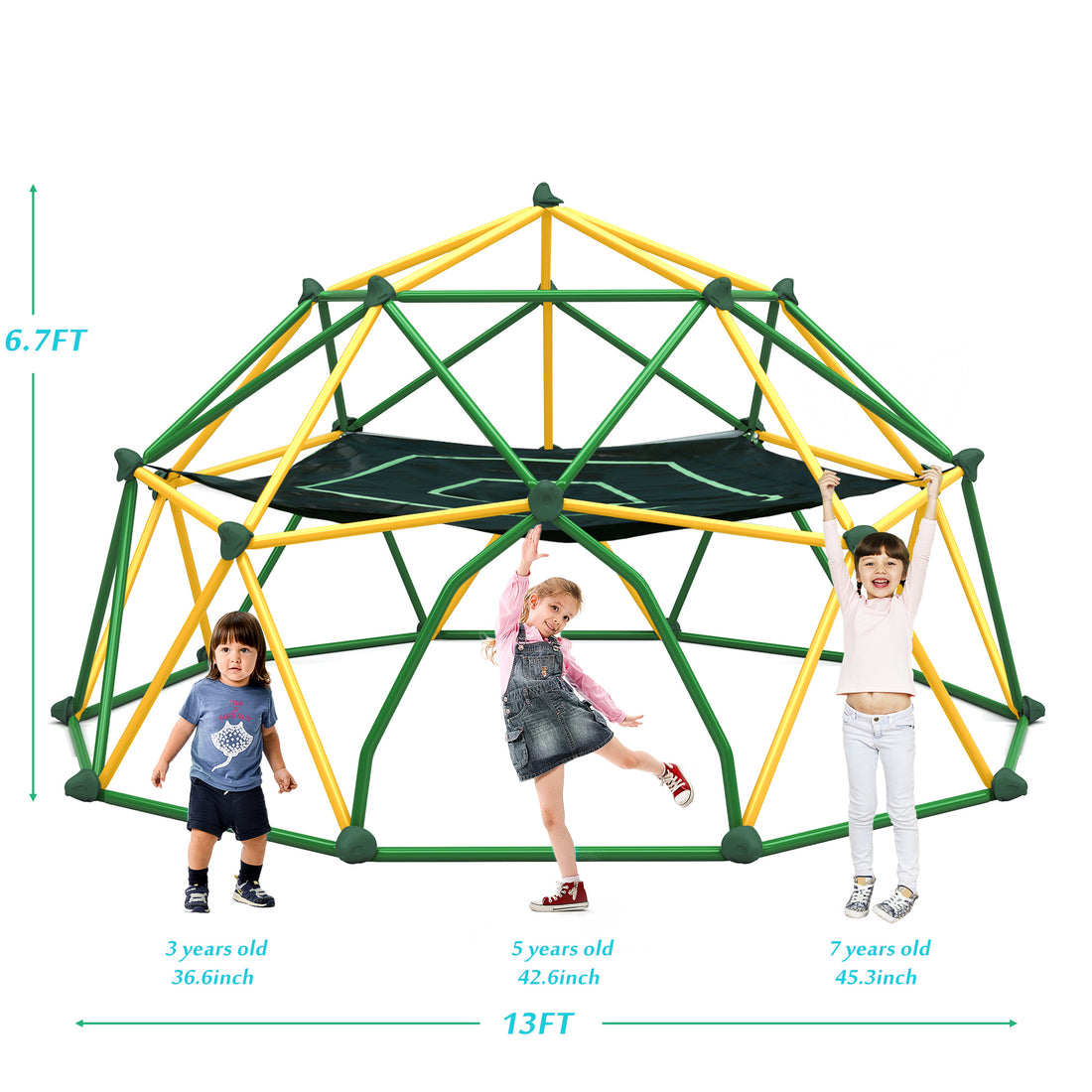 13Ft Geometric Dome Climber Play Center, Kids Climbing Dome Tower With Hammock, Rust & Uv Resistant Steel Supporting 1000 Lbs Yellow Metal