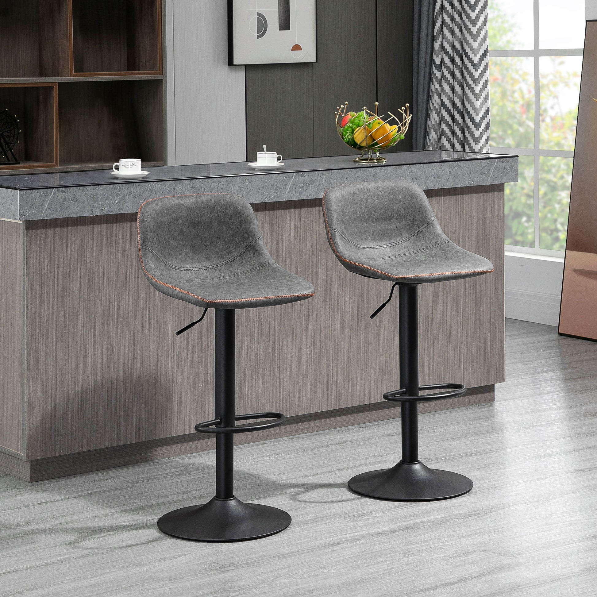 Homcom Adjustable Bar Stools, Swivel Bar Height Chairs Barstools Padded With Back For Kitchen, Counter, And Home Bar, Set Of 2, Gray Grey Pu