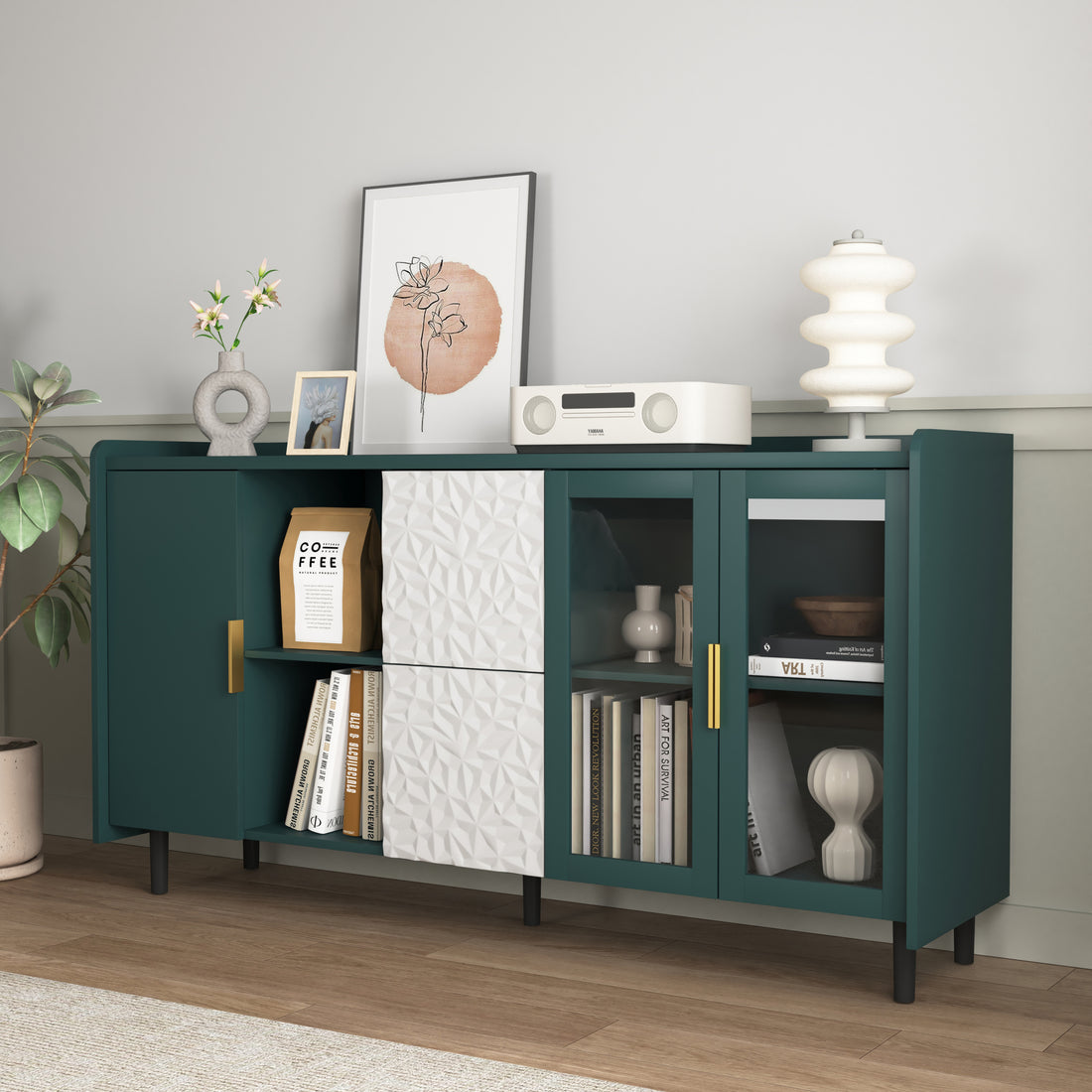 Modern Kitchen Pantry Storage Cabinet55" Coffee Bar Storage Cabinet With 2 Drawers, 2 Open Storage Compartment & 2 Glass Doors, Wood Buffet Table For Kitchen, Living Room, Green Green Mdf