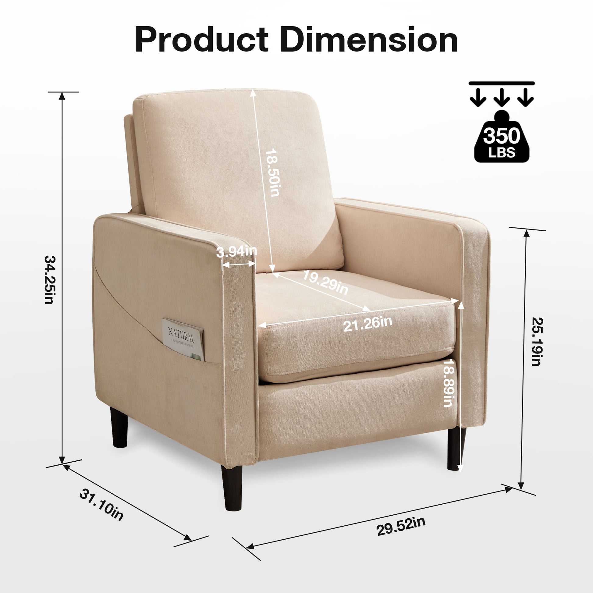 Mid Century Accent Chair ,Modern Linen Fabric Armchair For Living Room,Double Side Pockets, Comfortable And Padded Reading Feature Sofa Chair, Suitable For Bedrooms, Living Rooms, And Offices,Beige Beige Linen