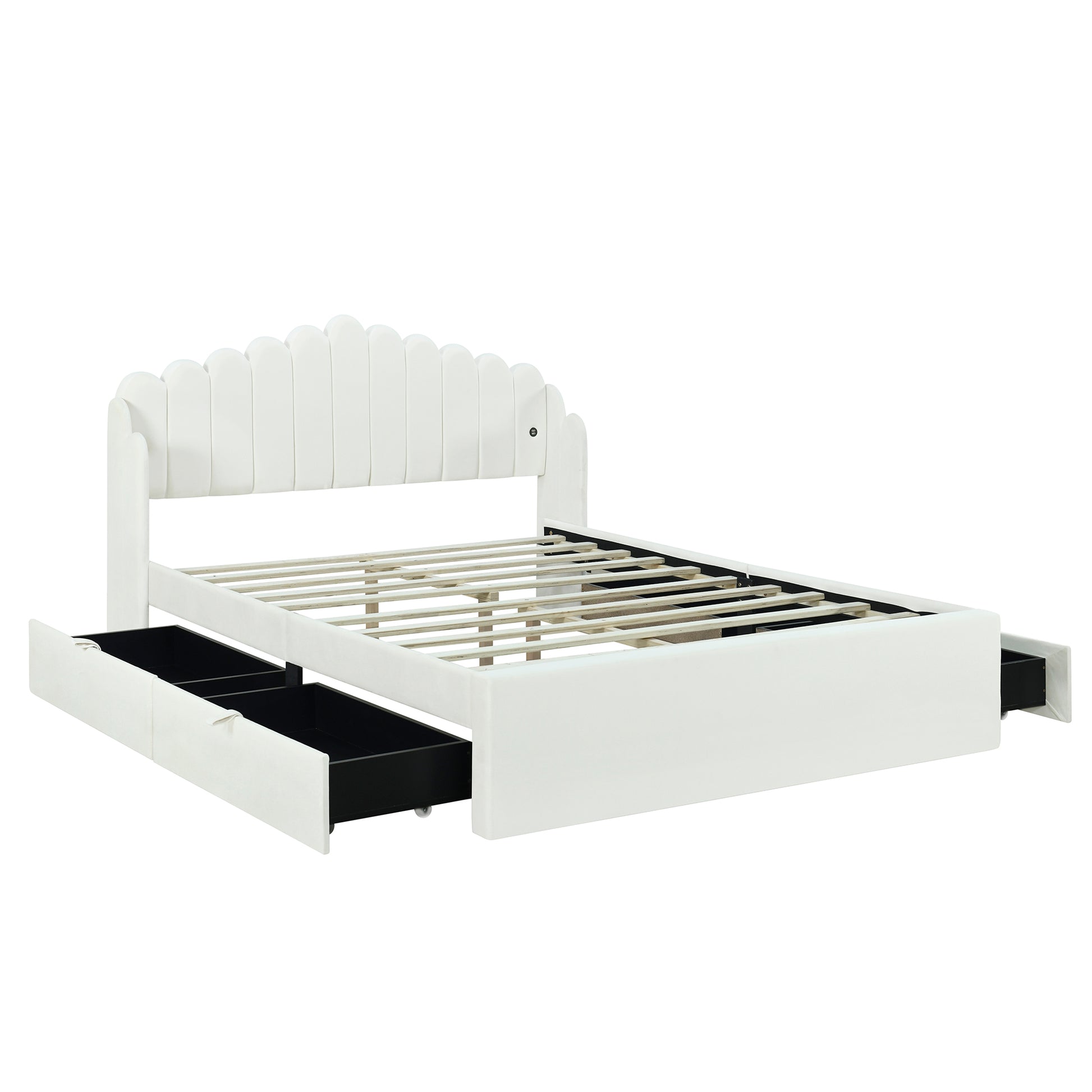 Queen Size Upholstered Platform Bed With 4 Drawers And 2 Usb, Beige Box Spring Not Required Queen Beige Wood Bedroom Bed Frame Polyester Upholstered