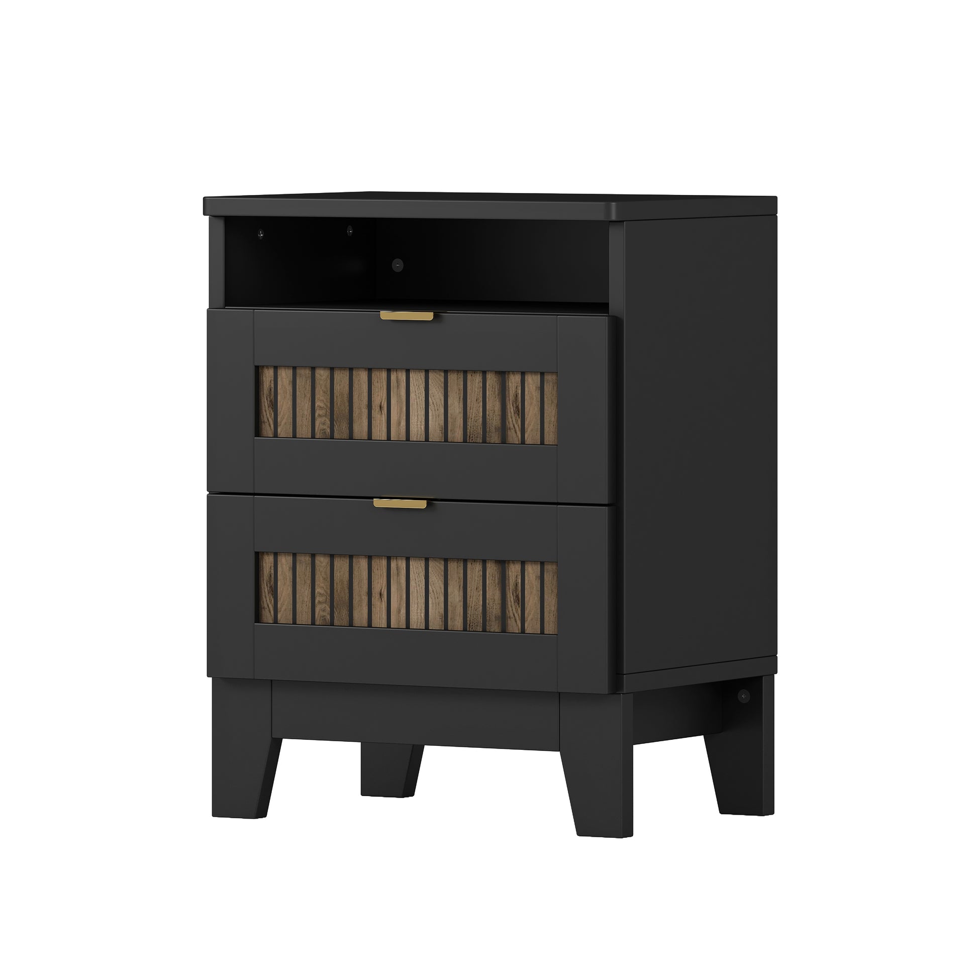 4 Pieces Bedroom Sets, Full Size Farmhouse Platform Bed With Wooden Strip Decoration, Storage Nightstand And Dresser With Metal Handle, Black Full Black 4 Piece Set Particle Board