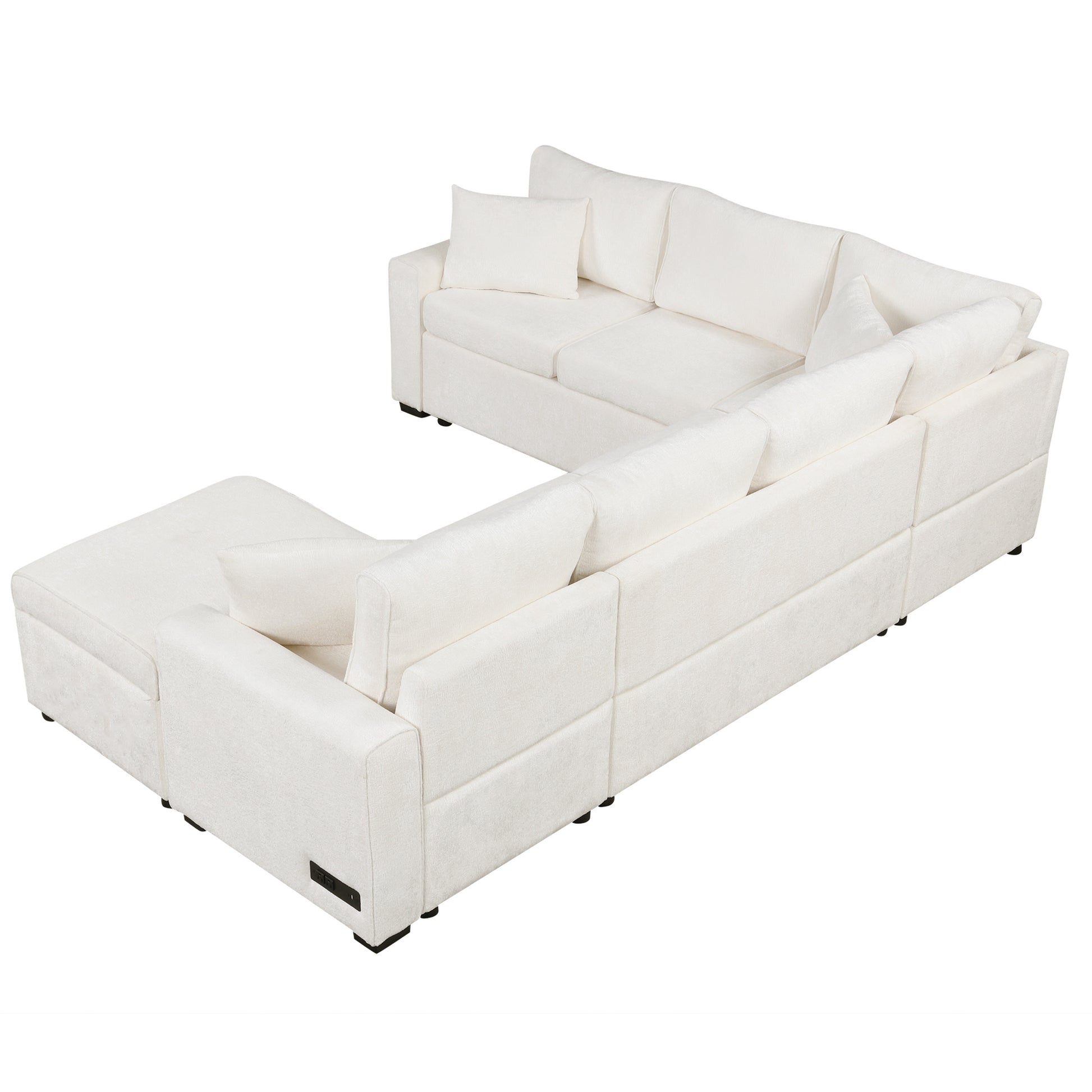 112.2" Sectional Sofa Pull Out Sofa Bed Sleeper With A Storage Ottoman,Three Pillows And Charging Devices For Living Room, Cream Cream Foam Chenille 6 Seat