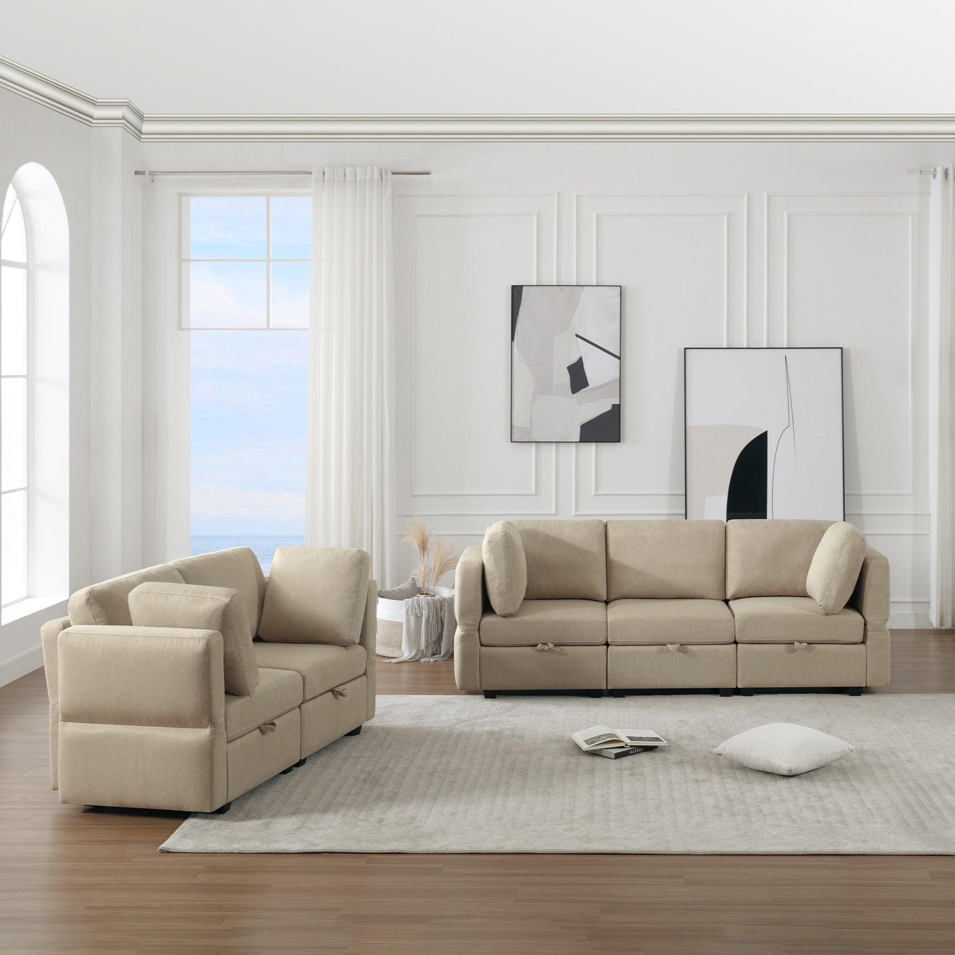 Living Room Sofa Set With 3 Seat Couch And 2 Seat Loveseat, Hidden Storage Under Seat, Soft Back Cushions And Arm Cushionsadjustable Arms And Backs Beige Beige Polyester 5 Seat