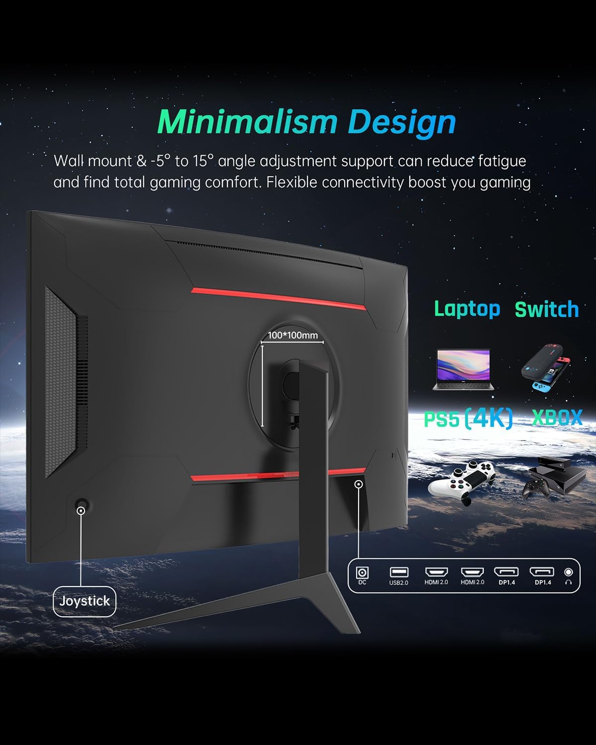 Ktc 32 Inch Curved Gaming Monitor, 2K 170Hz Monitor, 1440P 144Hz Monitor, 1500R Frameless, 1Ms, Hdr, Freesync Premium, Displayport Hdmi Usb, Vesa Wall Mount, Pc Monitor, H32S17 Black Metal