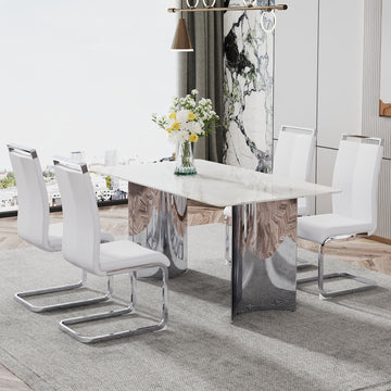 Modern Minimalist Dining Table. Imitation Marble Glass Sticker Desktop, Stainless Steel Legs, Stable And Beautiful. 4 White Pu Seats. 63 "* 35.4" * 29.5 "Dt 69 C 1162 Silver Glass