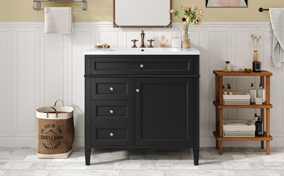 36'' Bathroom Vanity With Top Sink, Modern Bathroom Storage Cabinet With 2 Drawers And A Tip Out Drawer, Single Sink Bathroom Vanity Black Bathroom Solid Wood Mdf