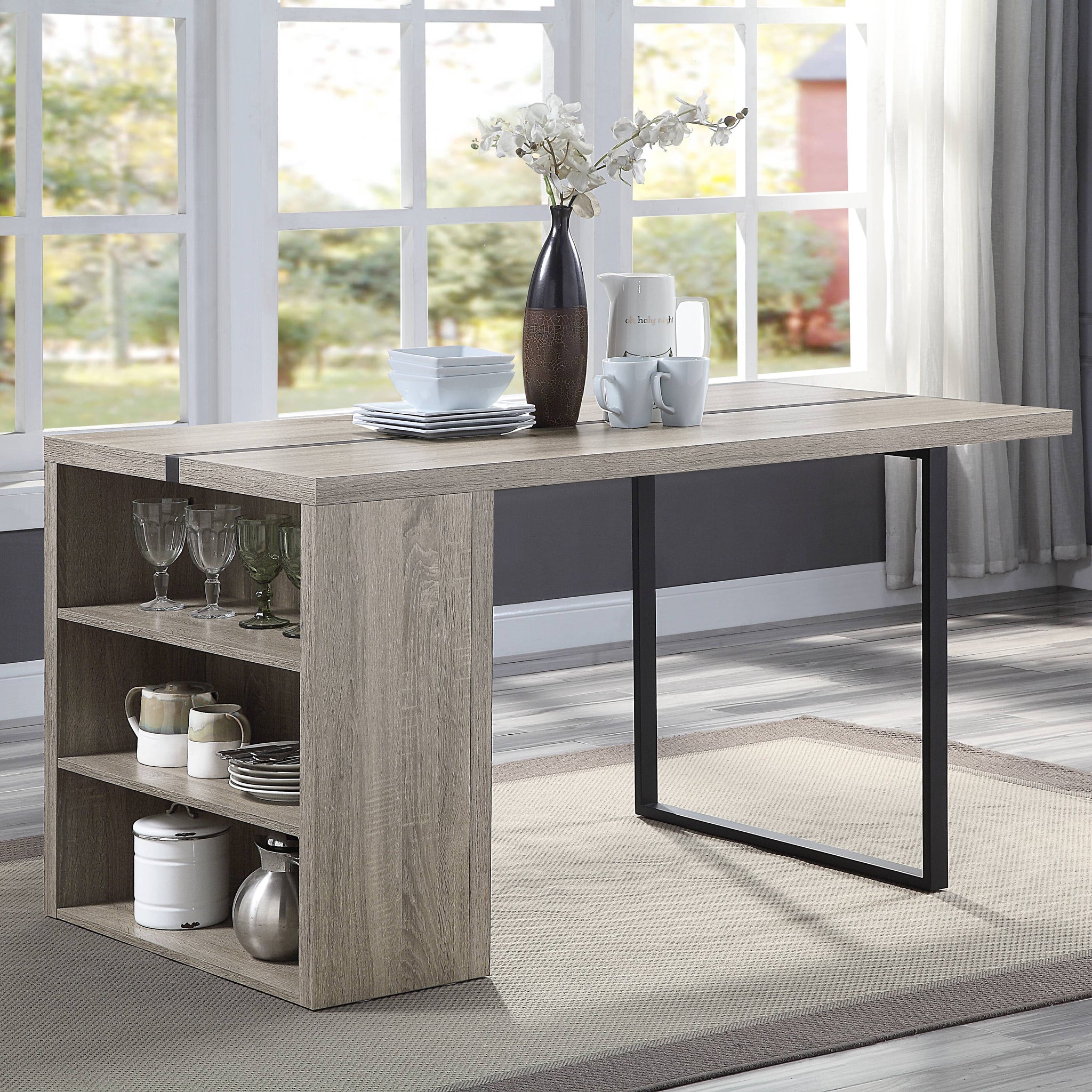 Grey Oak And Black 2 Shelf Dining Table Grey Black Dining Room Contemporary Rectangular Paper Composite Sled