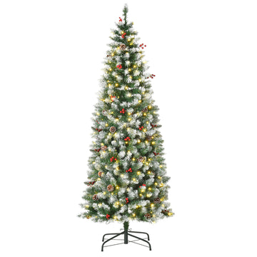 Homcom 6Ft Pre Lit Snow Dipped Artificial Christmas Tree With Realistic Branches, 300 Led Lights, Pine Cones, Red Berries And 618 Tips Green Pvc