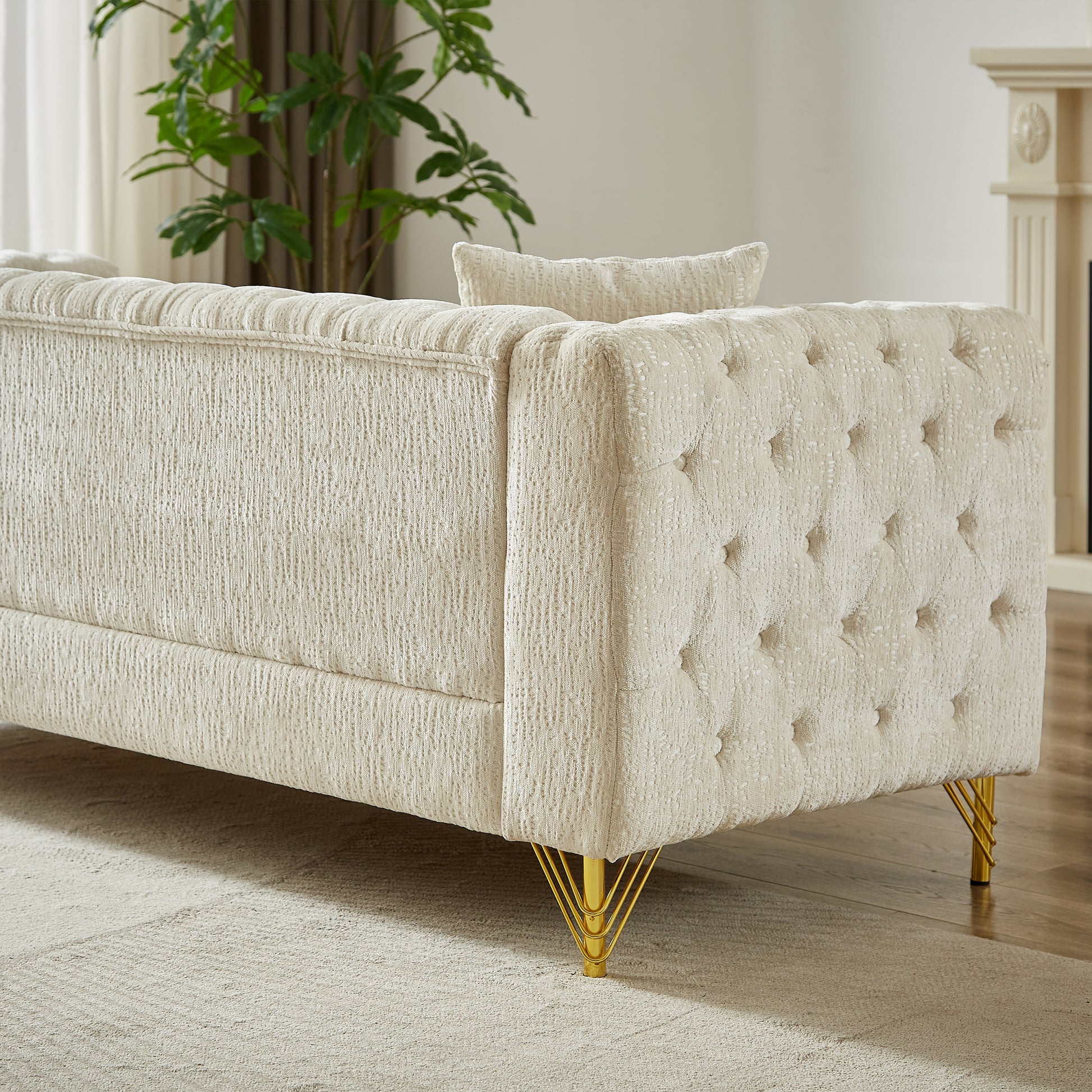 Chenille Pull Buckle Design Sofa For Living Room,Buttons Tufted With Copper Nail Decoration Armrest, Modern Couch Upholstered Button And Metal Legs Beige Foam Chenille 5 Seat