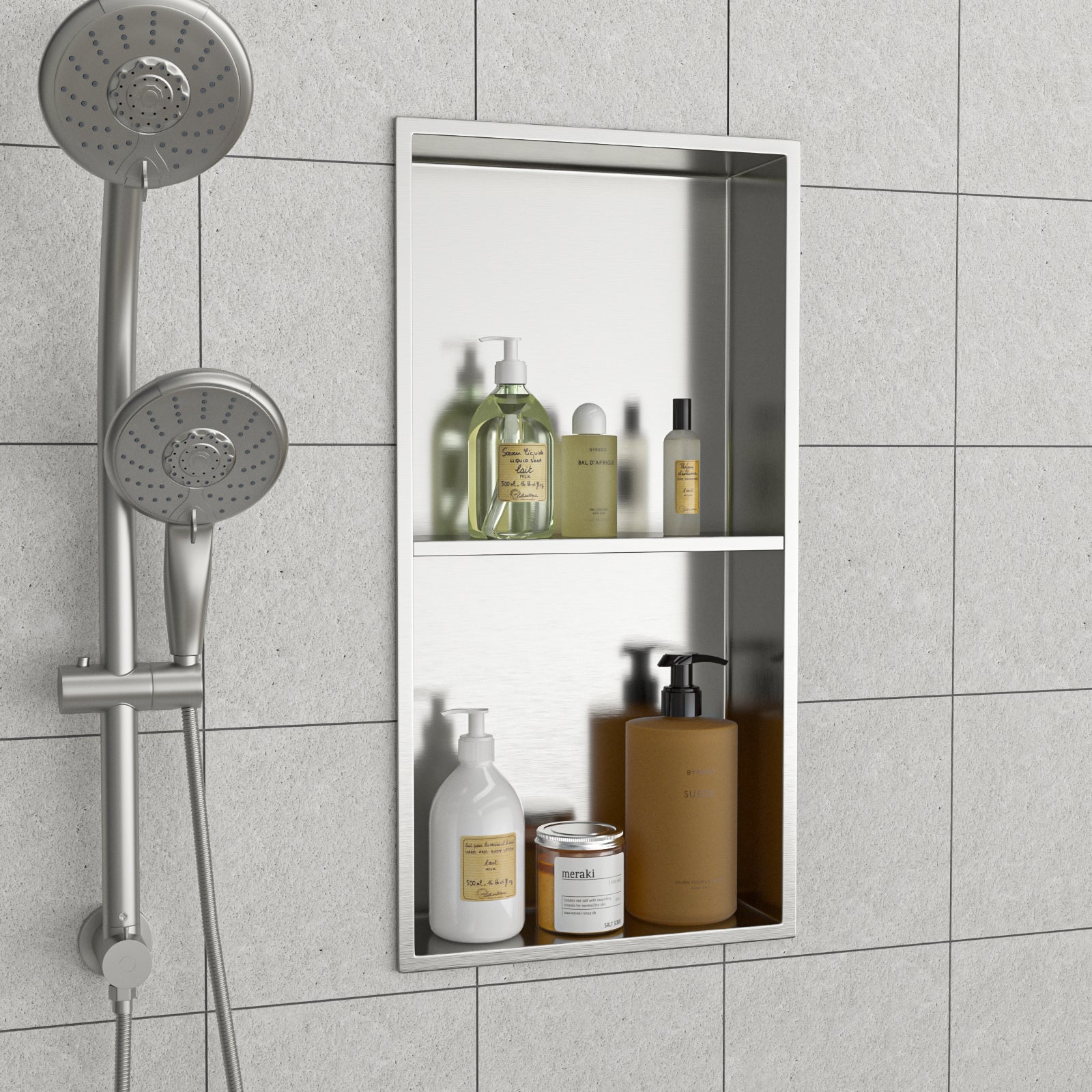 13" X 25" Stainless Steel Shower Niche Double Shelf, Brushed Nickel Brushed Nickel Stainless Steel