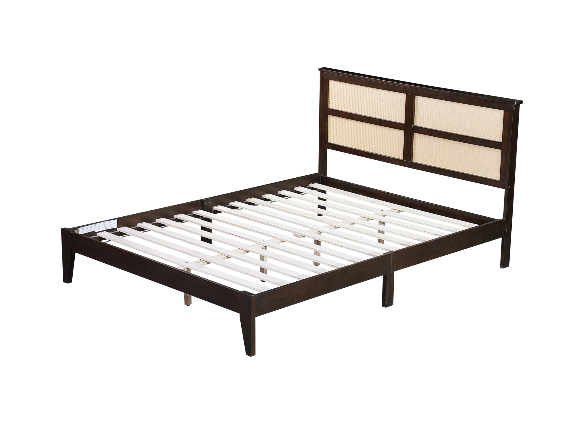 Queen Size Rubber Wooden, Solid Wooden Bed With Rattan Headboard, Enhanced By Support Feet,Espresso Queen Espresso Rubber Wood