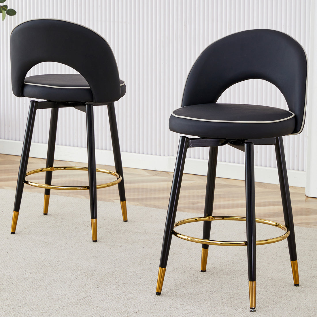 360 Rotatable Bar Chair.Modern Pu Comfortable Upholstered Bar Chair With Smooth And Beautiful Metal Legs For Dining Room, Kitchen, Terrace And Guest Office Chair . Black Bar Stools Set Of 2 Pu