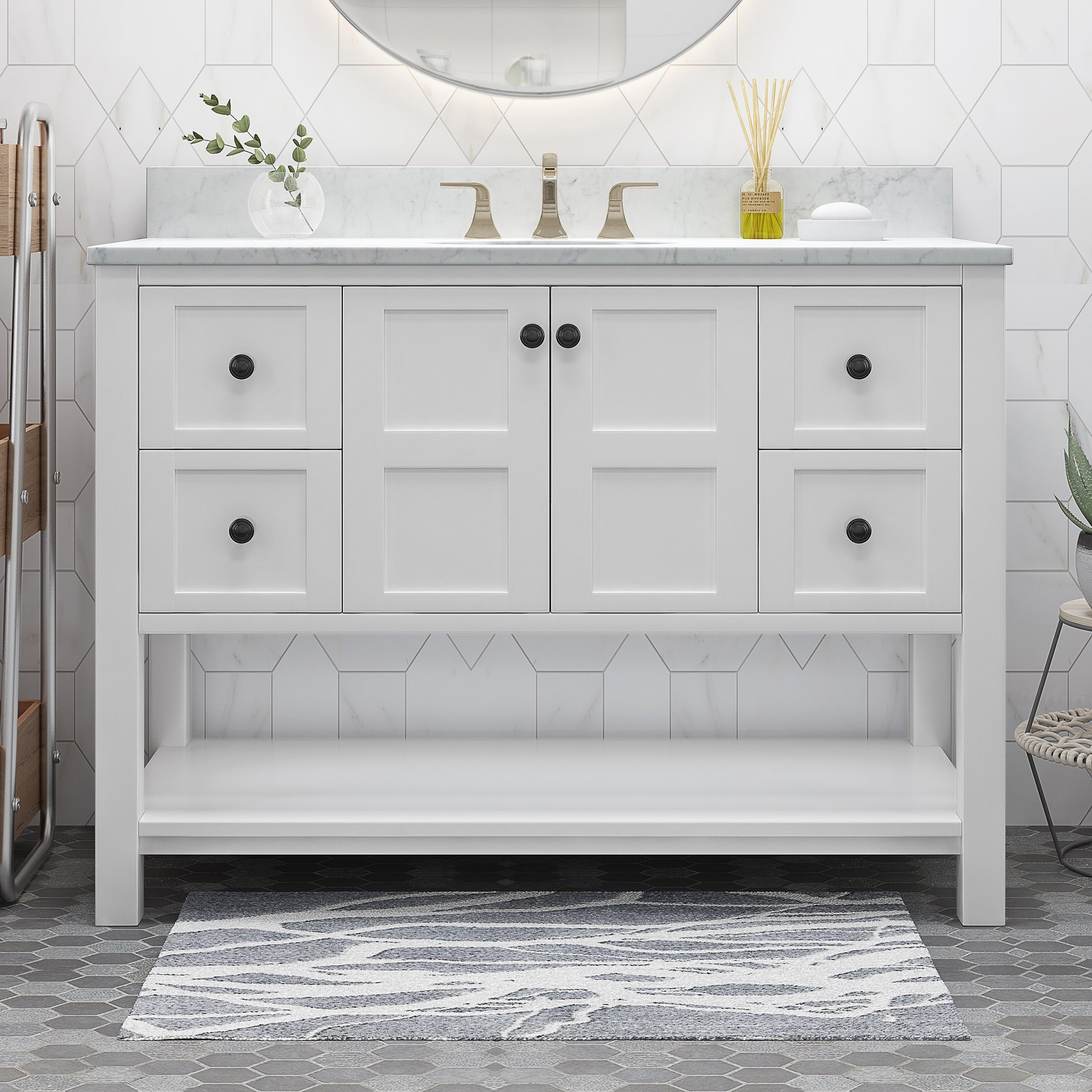 49'' Bathroom Vanity With Marble Top & Ceramic Sink, Two Doors, 4 Drawers, Open Shelf, White White Acacia Wood