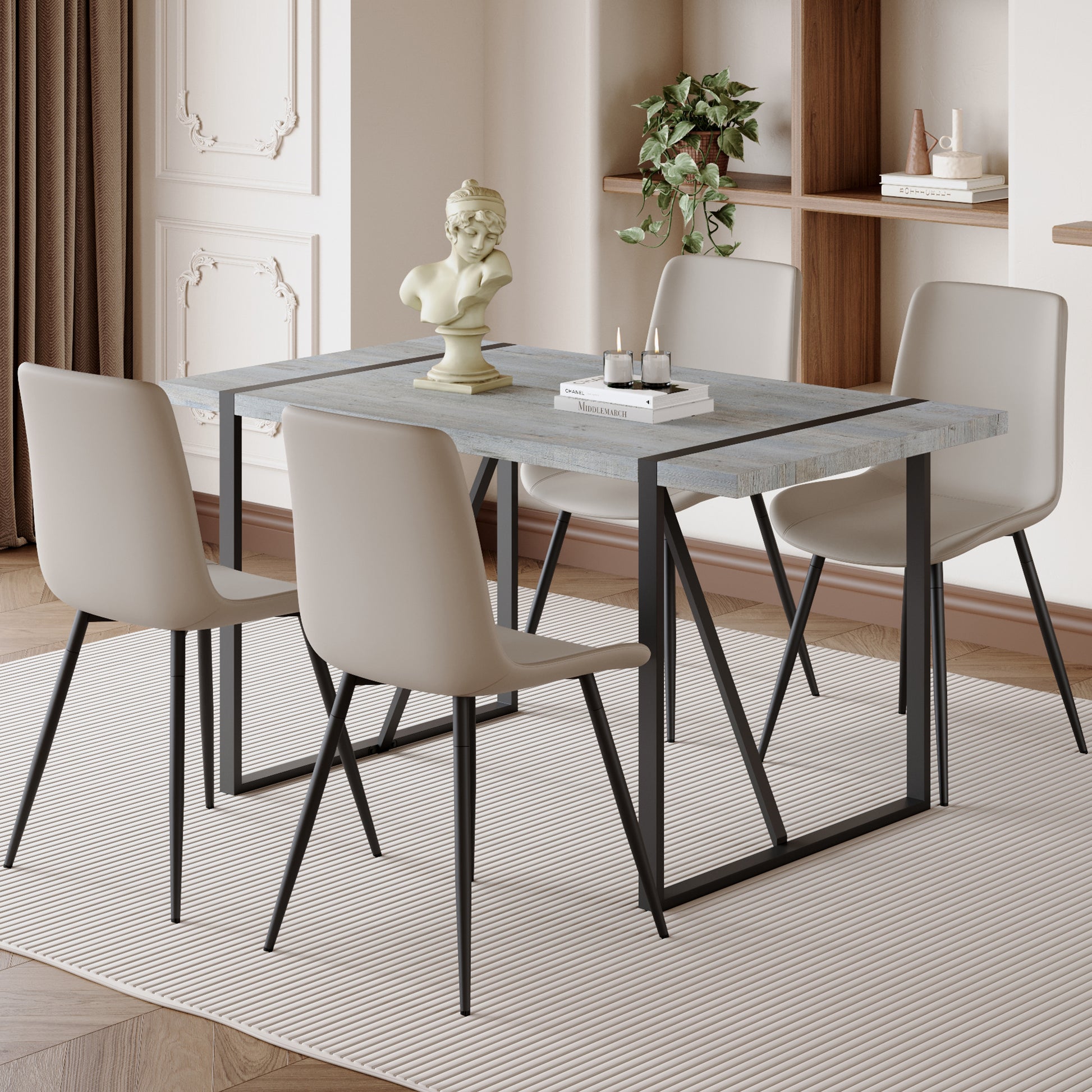 Table And Chair Set. Modern Minimalist Grey Marble Textured Mdf Dining Table With Metal Frame. Comes With Chairs With 4 Pu Cushions And Black Metal Legs. Gray Seats 4 Mdf Metal