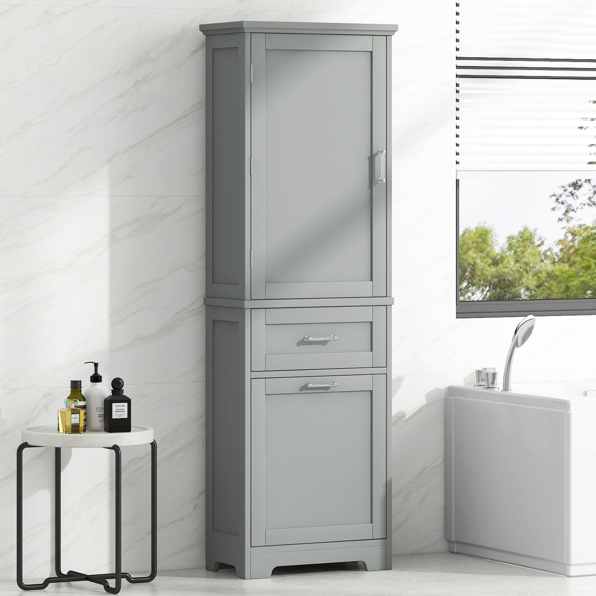 Tall Bathroom Storage Cabinet, Freestanding Storage Cabinet With Two Different Size Drawers And Adjustable Shelf, Mdf Board With Painted Finish, Grey Grey Mdf