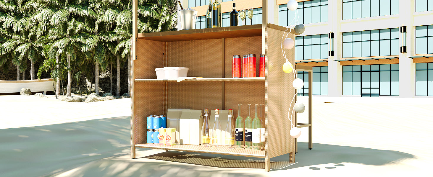 Hawaiian Style Bar Height Patio Set With Pe Grass Canopy, Outdoor Bar Table And Stools With Adjustable Feet, Acacia Wood Top, For Dining And Drinking, Natural Antique Natural Seats 2 Garden & Outdoor Wicker