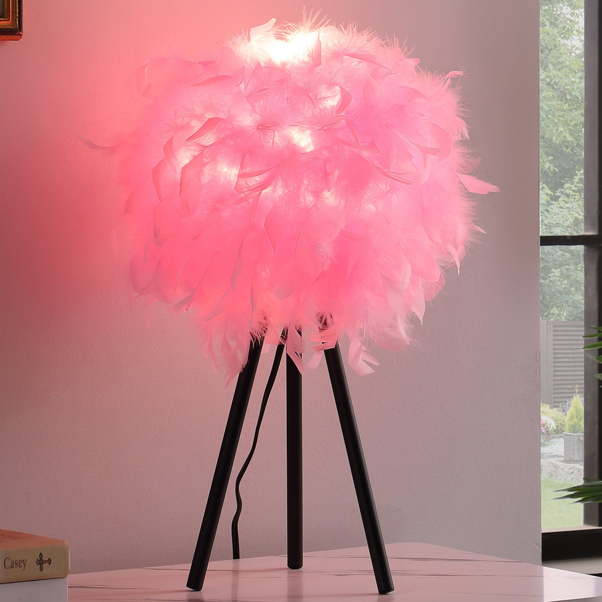 20.5" In Hot Pink Feather Shade Tripod Modern Metal Table Lamp Pink Polyester