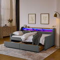 Twin Size Upholstery Sofa Bed With Three Led Lights, With Storage Adjustable Headboard, With Two Storage Pull Up Drawers And Wireless Charging, Linen Padded Sofa Bed Frame, Grey Box Spring Not Required Twin Grey Composite Bedroom Classic Eucalyptus Foam