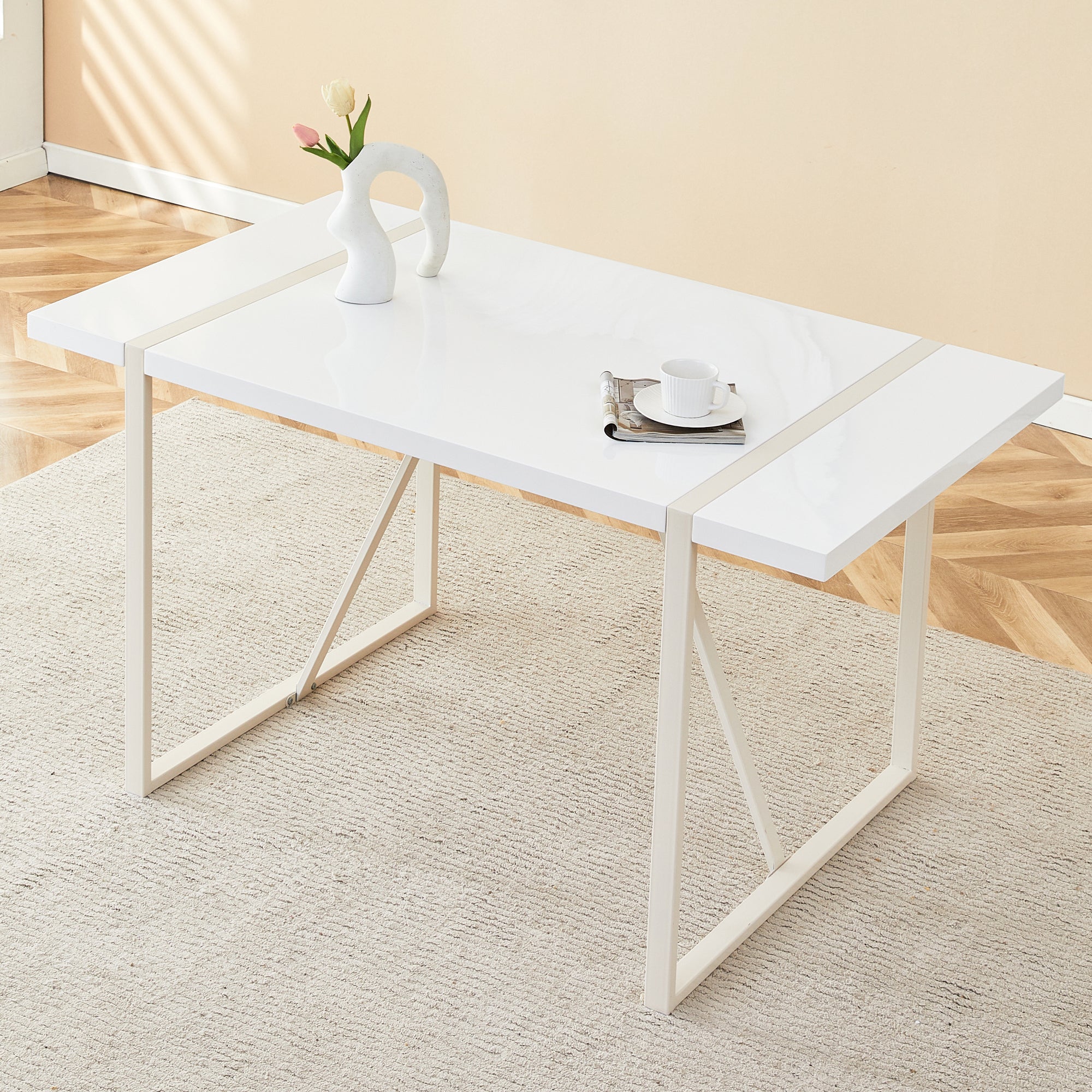 Industrial Rectangular Mdf Cream Style Dining Table For 4 6 People With 1.5 Inch Thick Mdf Top And White Metal Legs Frame For Work Desk, Kitchen, Terrace, Dining Room White Mdf Metal