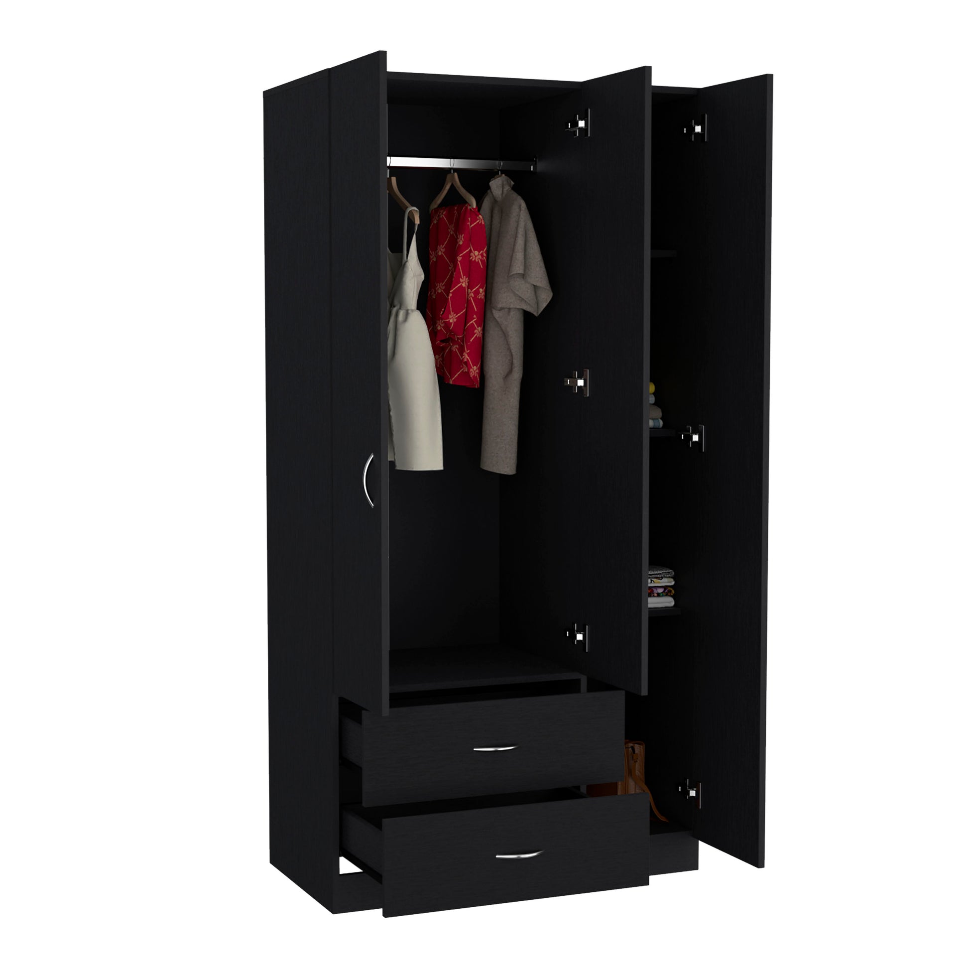 Austral 3 Door Armoire With Two Drawers, Shelves, And Hanging Rod Black Black Particle Board