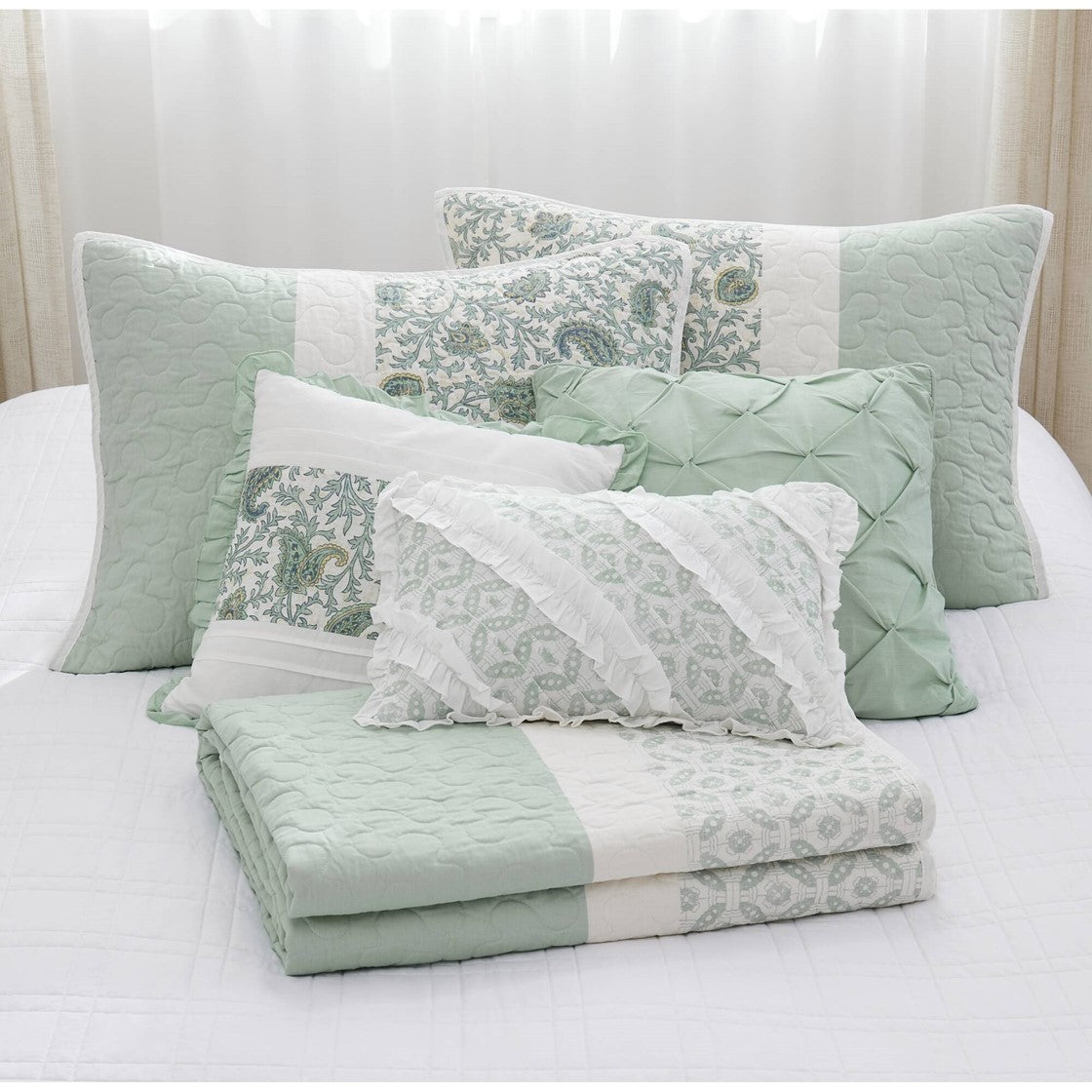 6 Piece Cotton Percale Quilt Set With Throw Pillows Aqua King Cal King King Aqua Polyester
