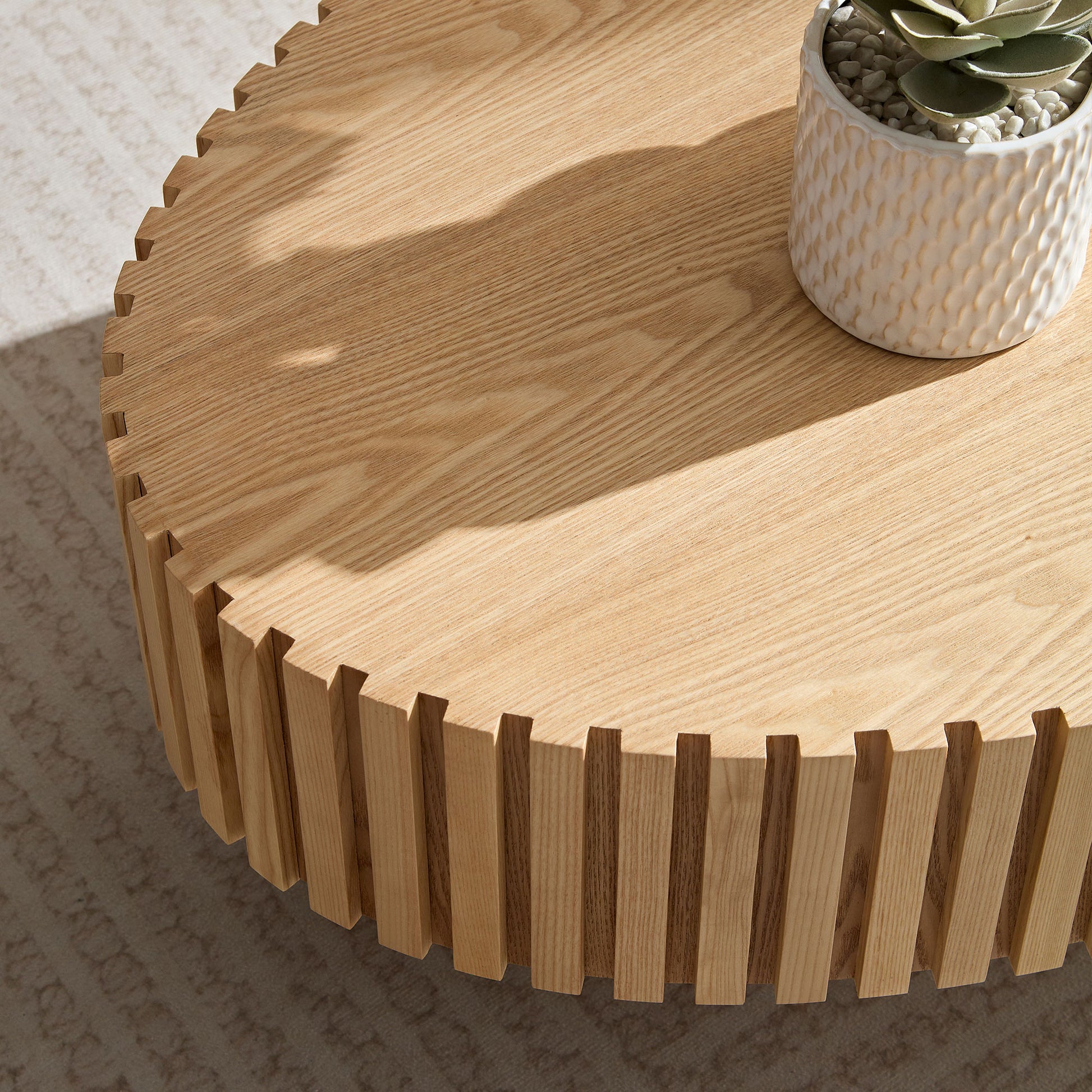 Modern Handcraft Drum Coffee Table Length 43.7 Inch Ellipse Coffee Table For Living Room,Small Coffee Table With Sturdy Pedestal,Natural Ash Mdf Natural Ash Mdf