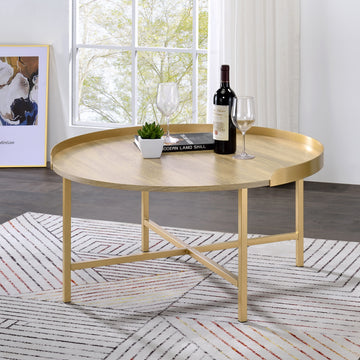 Oak And Gold Coffee Table With Tray Top Oak Primary Living Space Modern Round Wood Metal