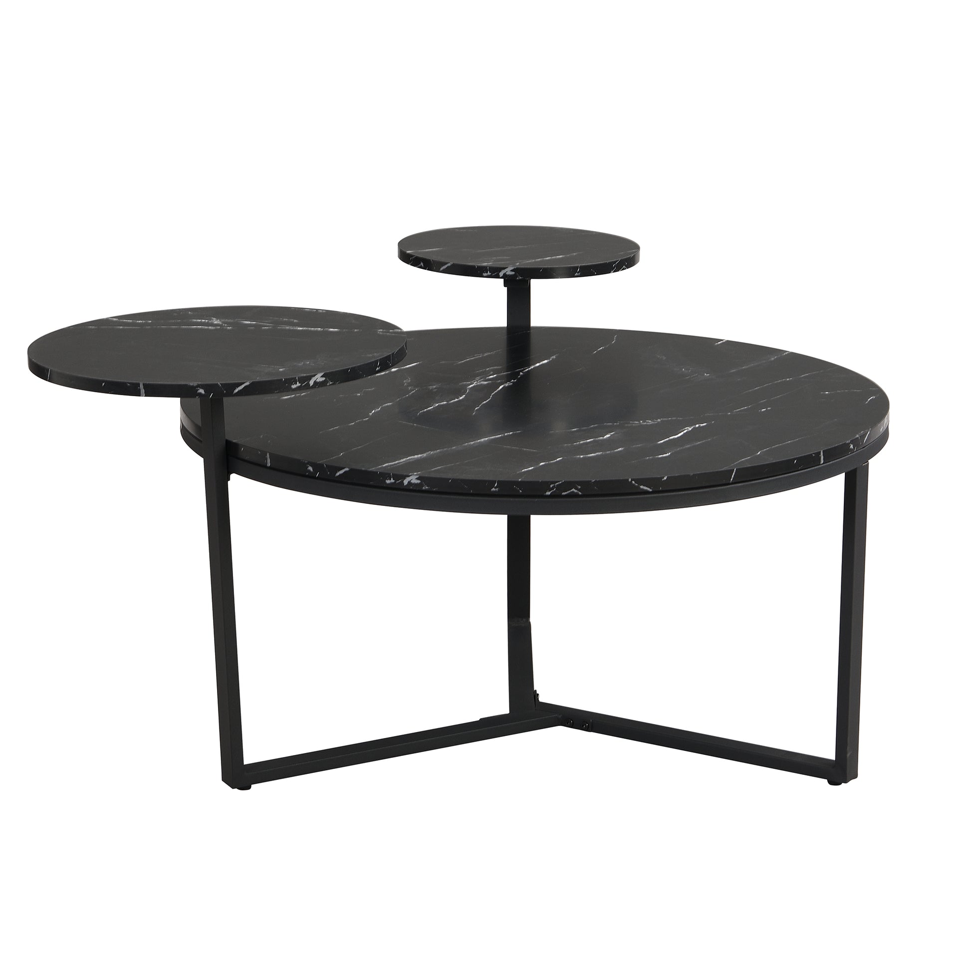 Modern Coffee Table With Two Display Shelves, Black Faux Marble Surfaces, Tripod Inspired Base,Rounded Tabletop Edges Matte Black Mdf