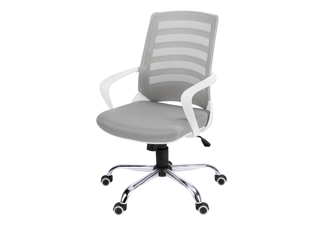 Office Chair, Adjustable Height, Swivel, Ergonomic, Armrests, Computer Desk, Work, Grey Mesh, Chrome Metal, Contemporary, Modern White Foam Polyester