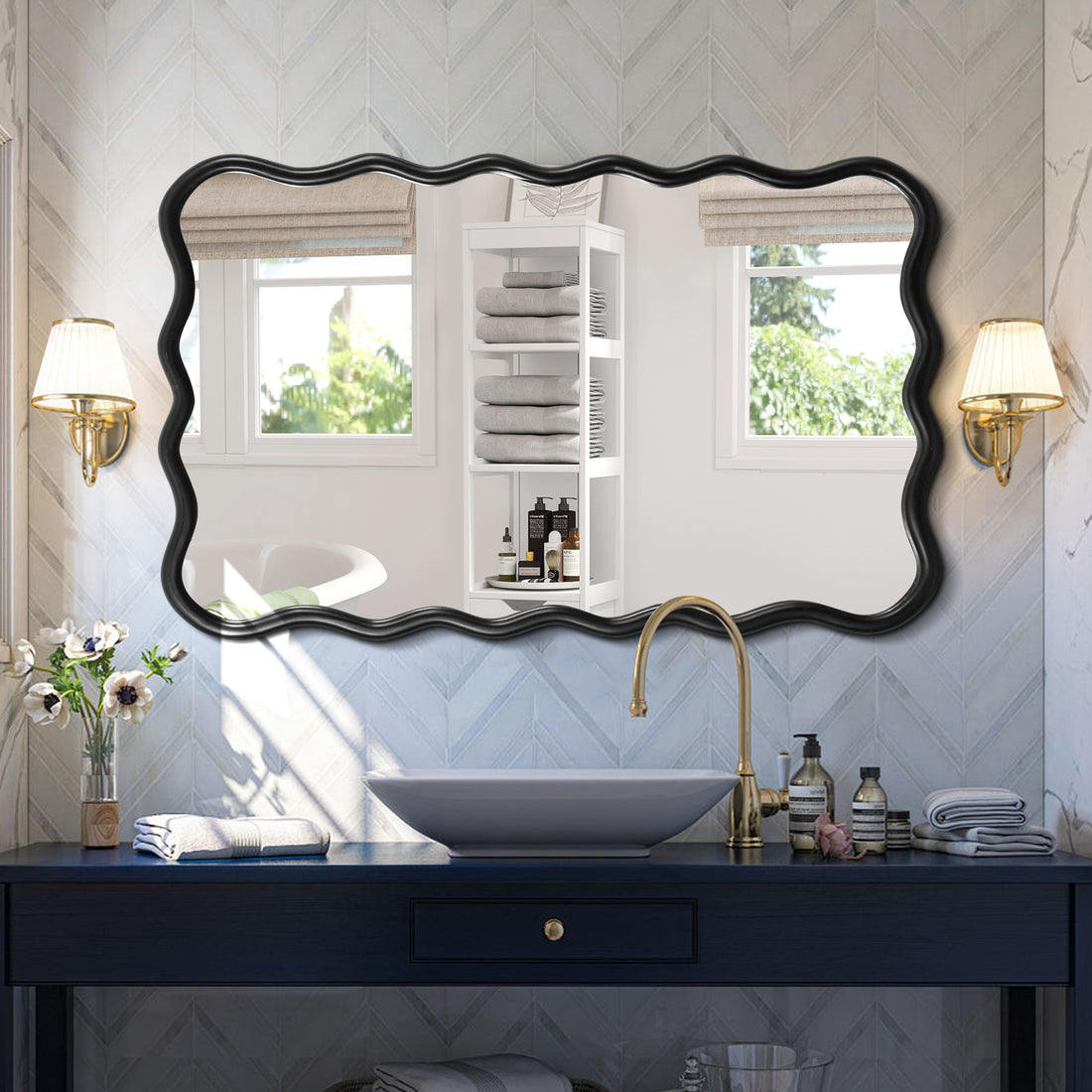 Solid Wood Wavy Rectangle Mirror Black 40" X 28" Modern Mirror Wall Decor For Bathroom, Bedroom, Living Room, Dining Room, Cloakroom, Entryway Antique Black Glass Solid Wood