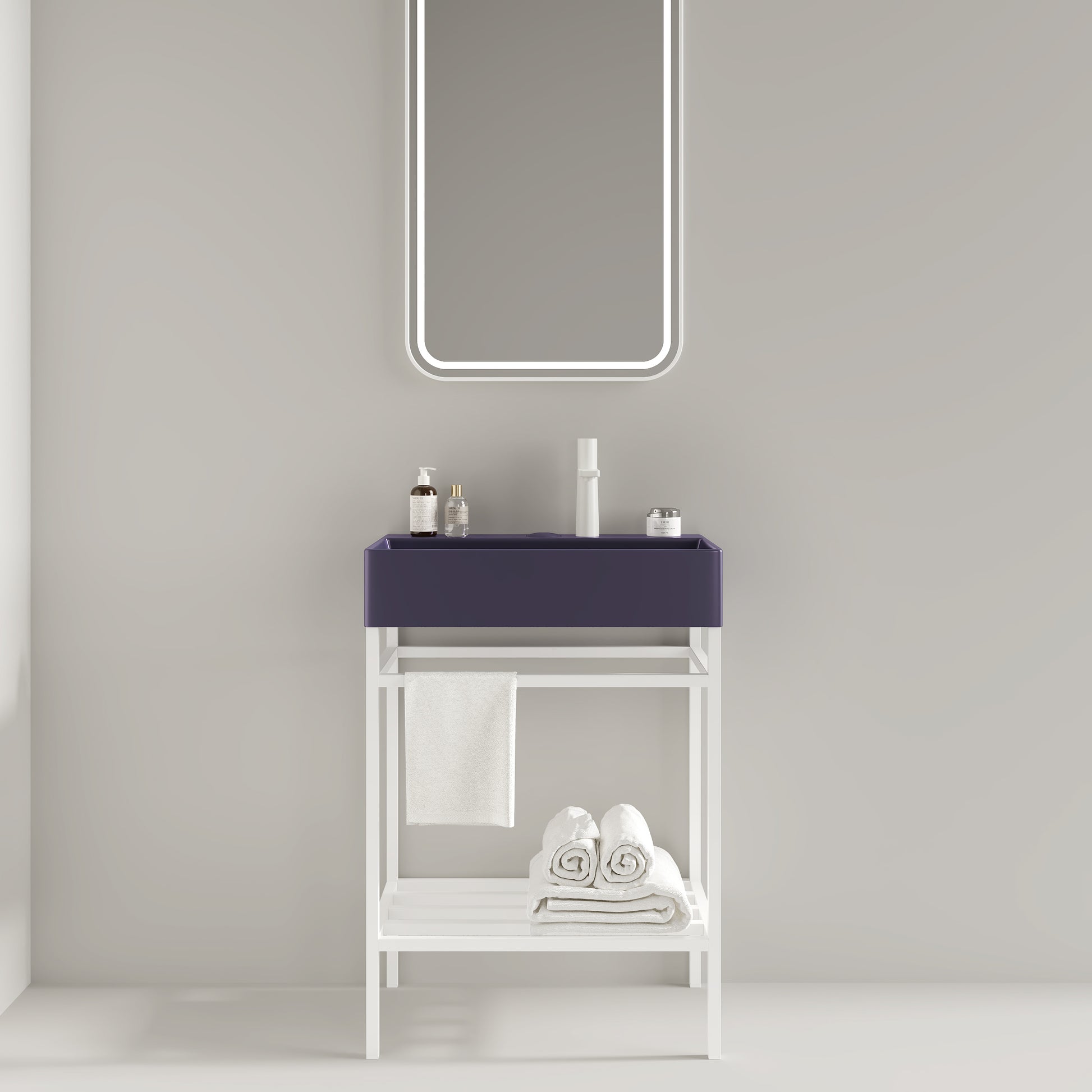 Lofi 24" Bathroom Vanity With Ceramic Basin, Freestanding Bathroom Console Sink Set, Glossy Purple Rectangular Ceramic Basin Without Faucet, Open Metal Leg, Storage Shelves, White White Purple