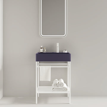 Lofi 24" Bathroom Vanity With Ceramic Basin, Freestanding Bathroom Console Sink Set, Glossy Purple Rectangular Ceramic Basin Without Faucet, Open Metal Leg, Storage Shelves, White White Purple