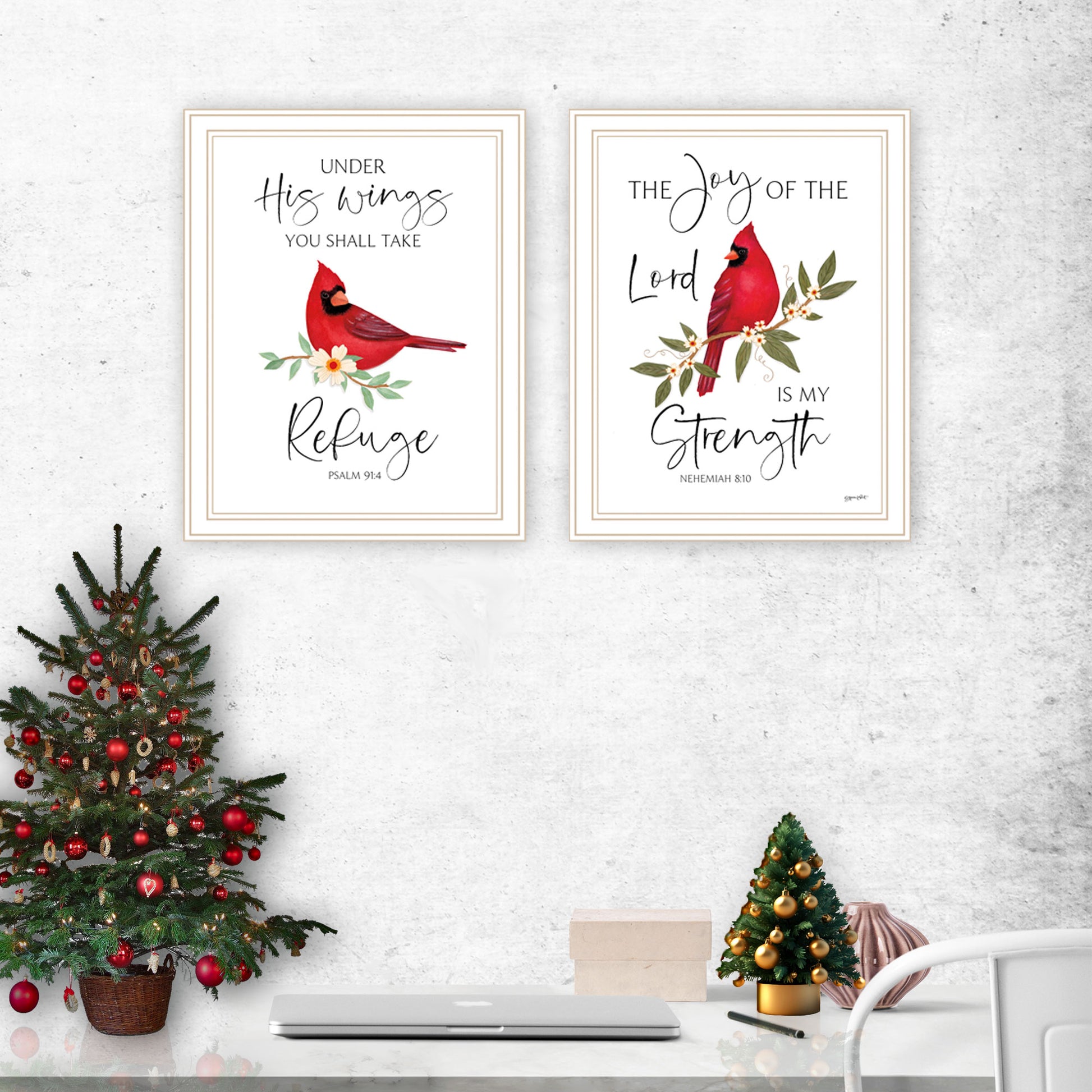 2 Piece Vignette The Lord Is My Strength Red Cardinals White Framed Wall Art For Living Room, Bedroom Wall Art Print For Home Decor By Annie Lapoint Multicolor Wood Paper