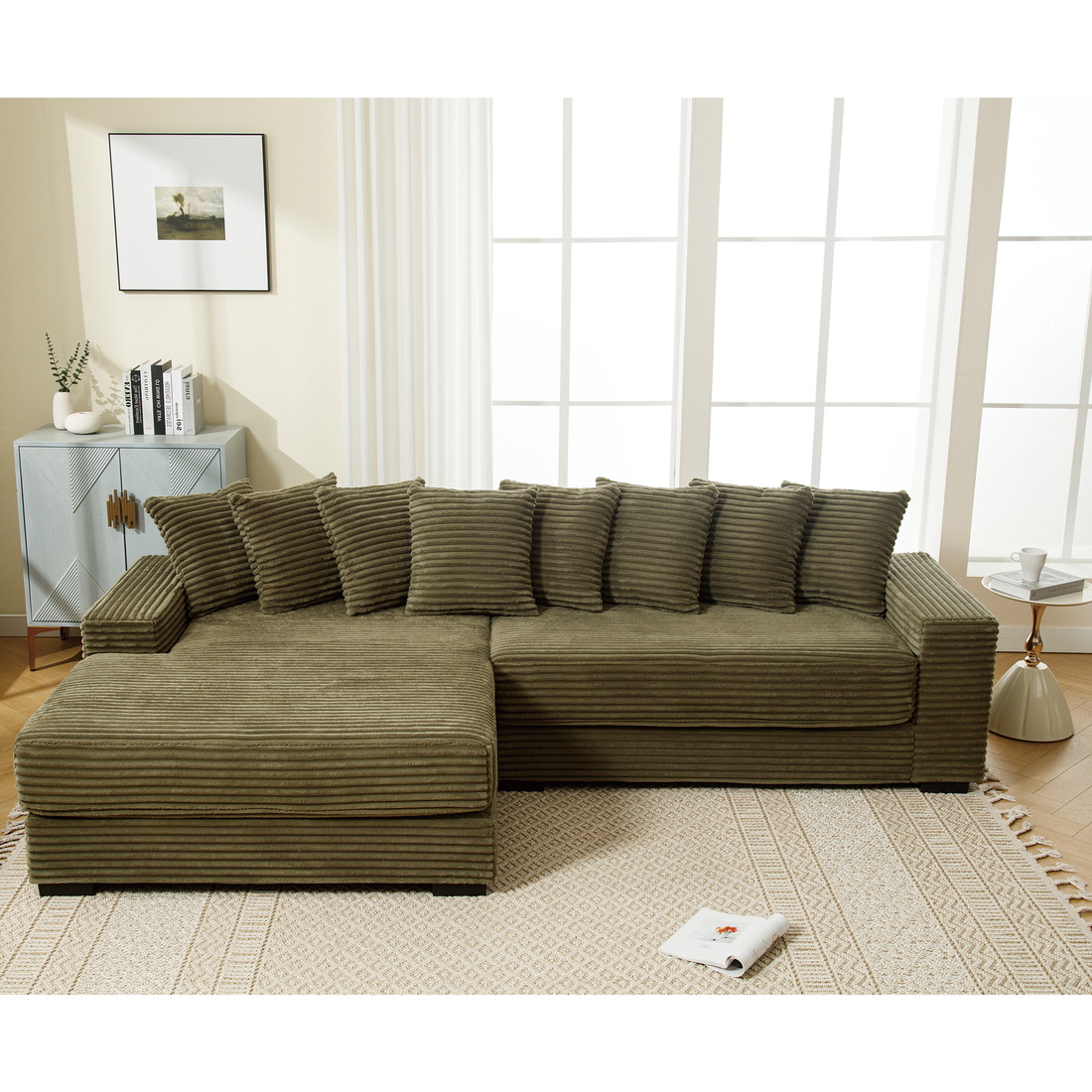 Arrived Oversized Two Piece Couches, L Shaped Sofa, Corduroy, Left Chaise Daybed,With Armrests,Eight Throw Pillows,Corner Sofa,Easy To Assemble, Green Green Polyester Wood Primary Living Space Medium Soft Pillow Back Modern Square Arms Wood 3 Seat