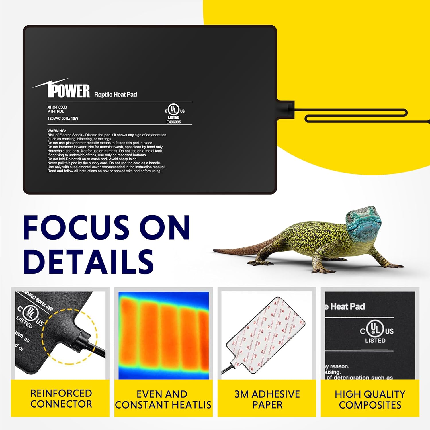 Reptile Heat Pad 8X12 Inch 16W Under Tank Terrarium Warmer Heating Mat For Turtle, Lizard, Frog, Snake, Reptile, And Other Small Animals Black Pvc