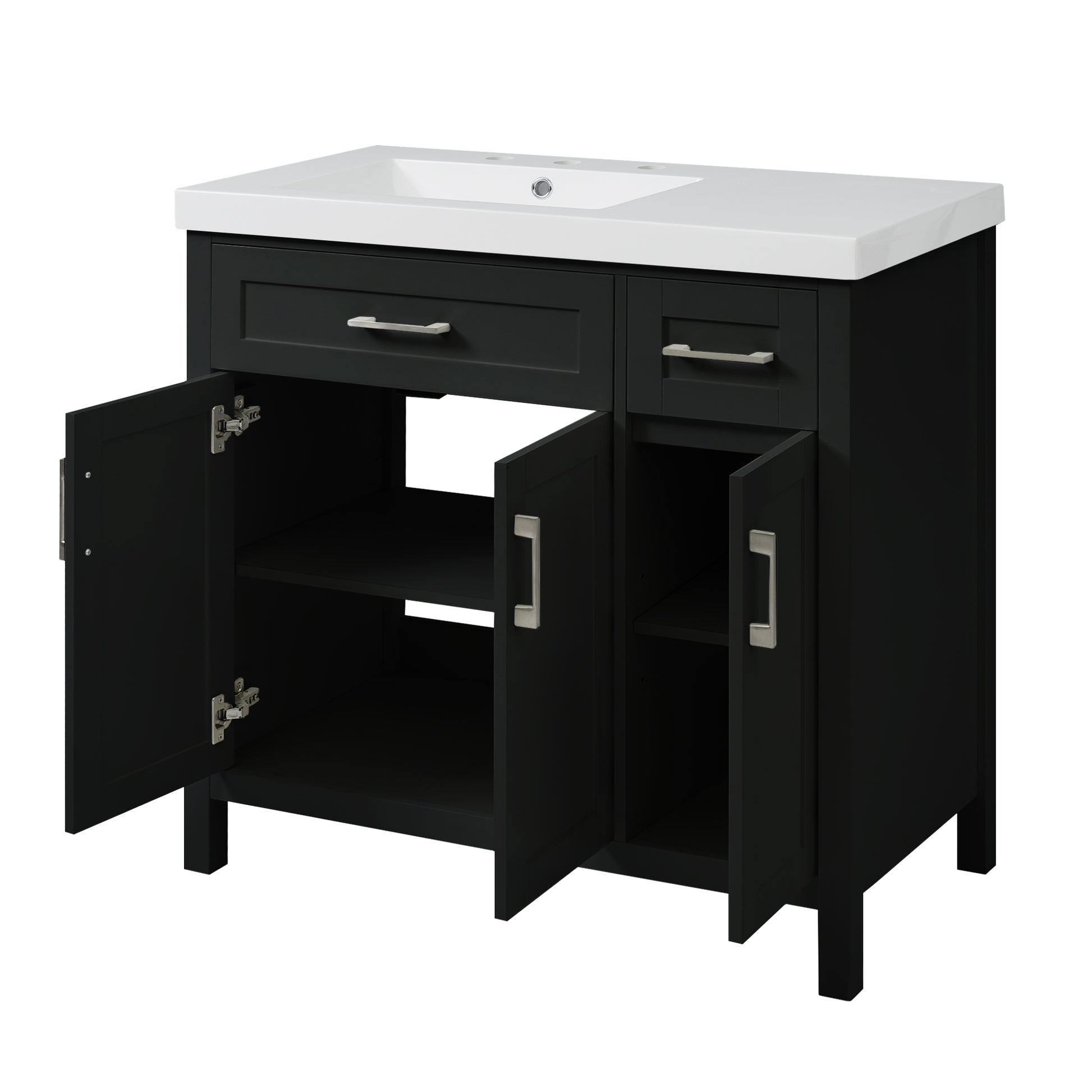 36" Black Bathroom Vanity Cabinet With Resin Integrated Sink 2 Drawers, 3 Doors Black Bathroom Solid Wood Mdf Resin