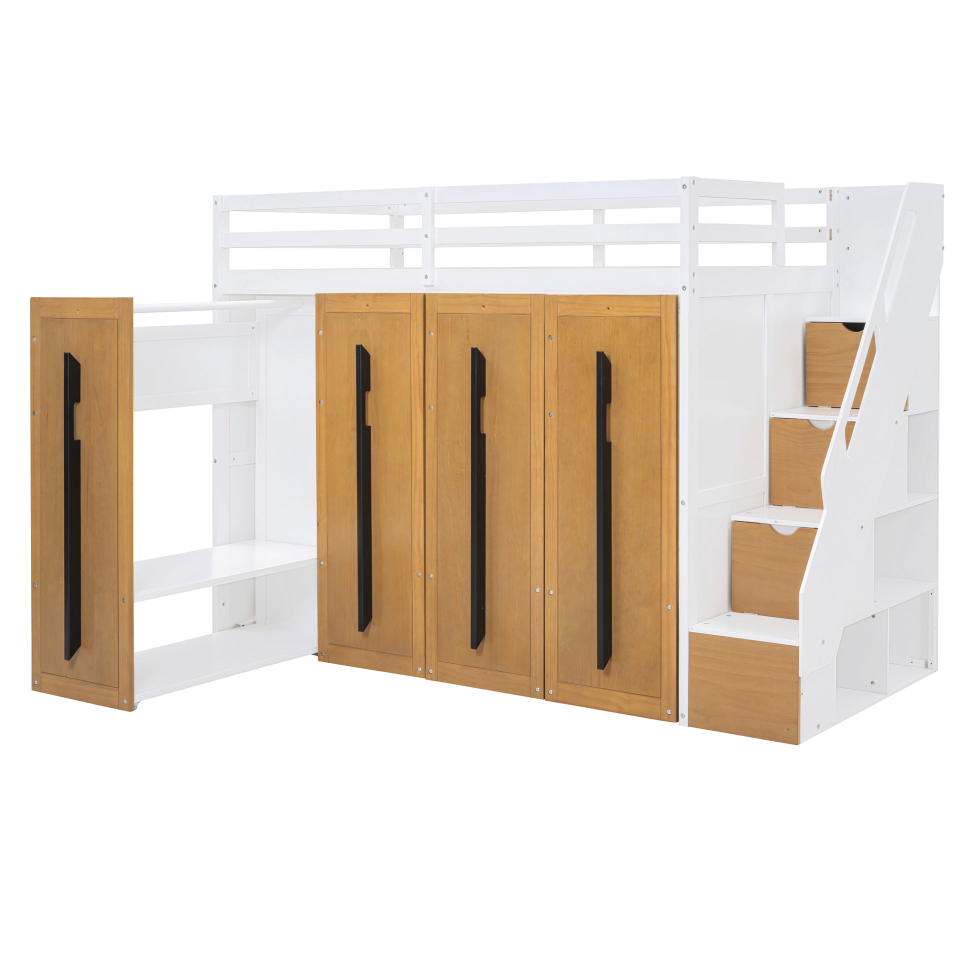 Modern Loft Bed With Two Tone Storage Stairs And Pull Out Wardrobes, White Twin White Solid Wood Mdf