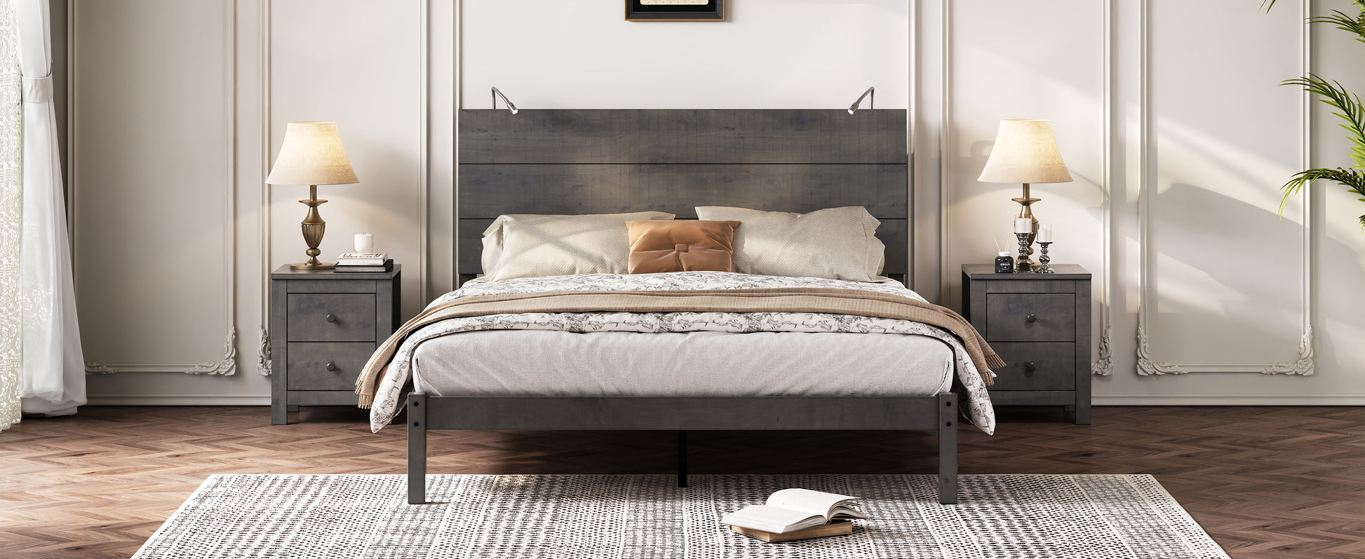 Farmhouse Wooden Platform Queen Size Bed, Modern Platform Bed With Two Bedside Lights, Antique Gray Queen Antique Gray Wood