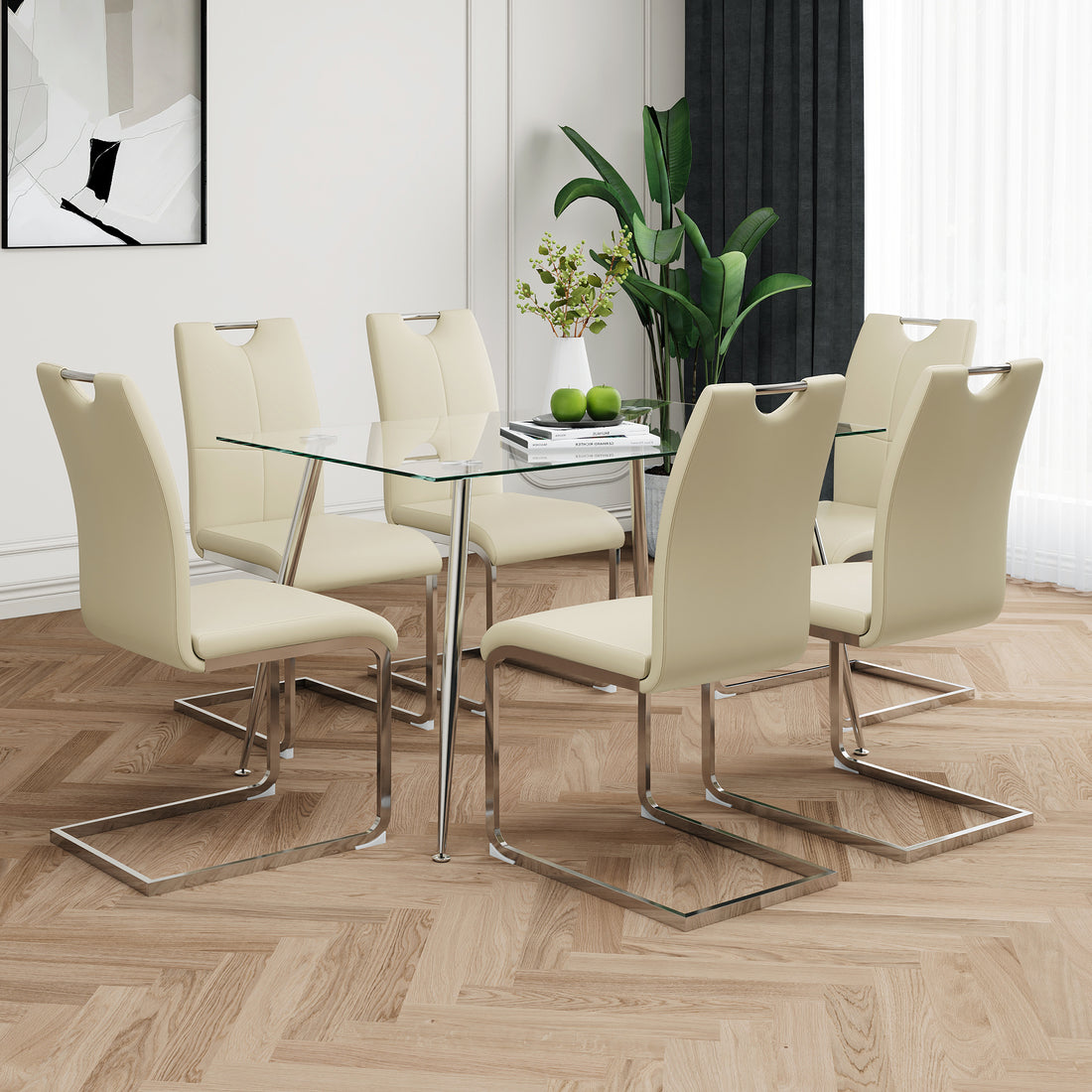 Modern Simple Rectangular Glass Dining Table, Solid Tempered Glass Tabletop, Electroplated Table Legs, Light Yellow Pu Dining Chair Set, Suitable For Restaurant Kitchen Use Set Of 7 Upholstered Chair Glass Light Yellow Seats 6 Metal Rectangular Dining