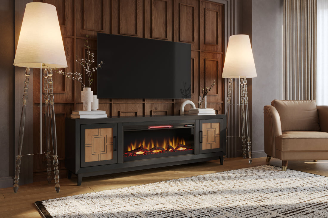 Ventura 70 Inch Fireplace Tv Stand For Tvs Up To 80 Inches, Black And Bourbon Finish Black 80 89 Inches Wood Wood