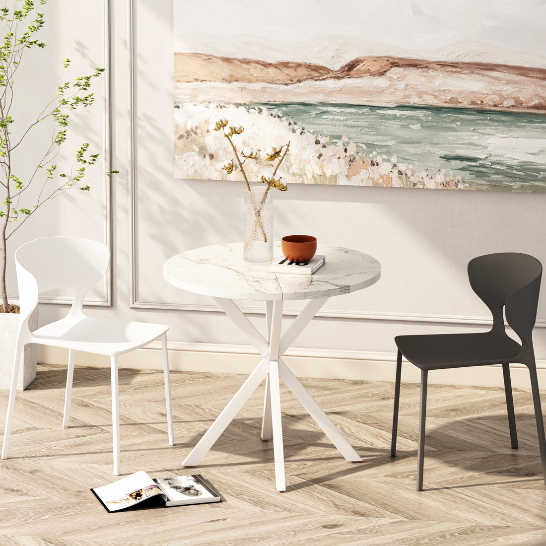 31.5'' Modern Cross Leg Round Dining Table, White Marble Top Occasional Table, Two Piece Removable Top, Matte Finish Iron Legs White Mdf Metal