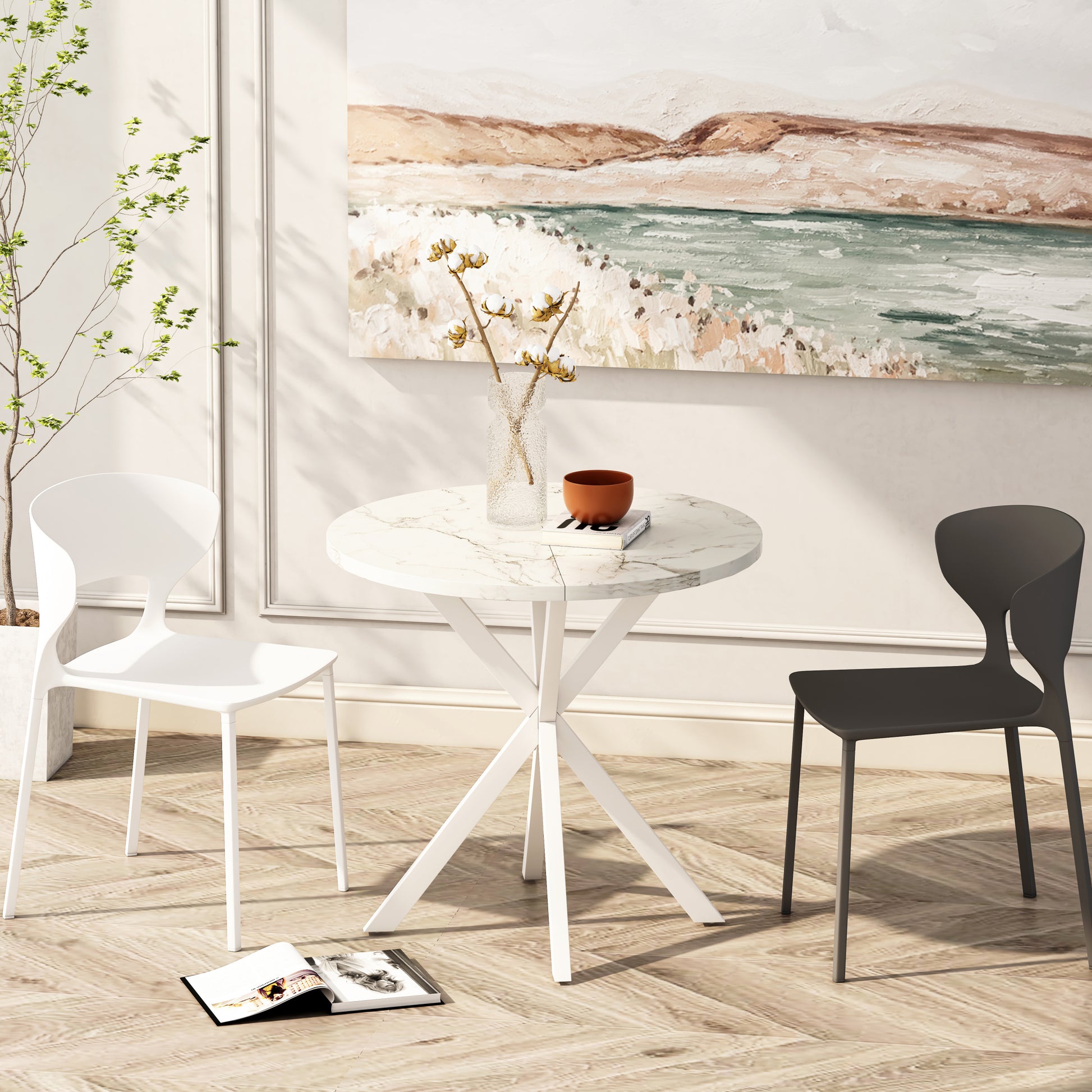 31.5'' Modern Cross Leg Round Dining Table, White Marble Top Occasional Table, Two Piece Removable Top, Matte Finish Iron Legs White Mdf Metal