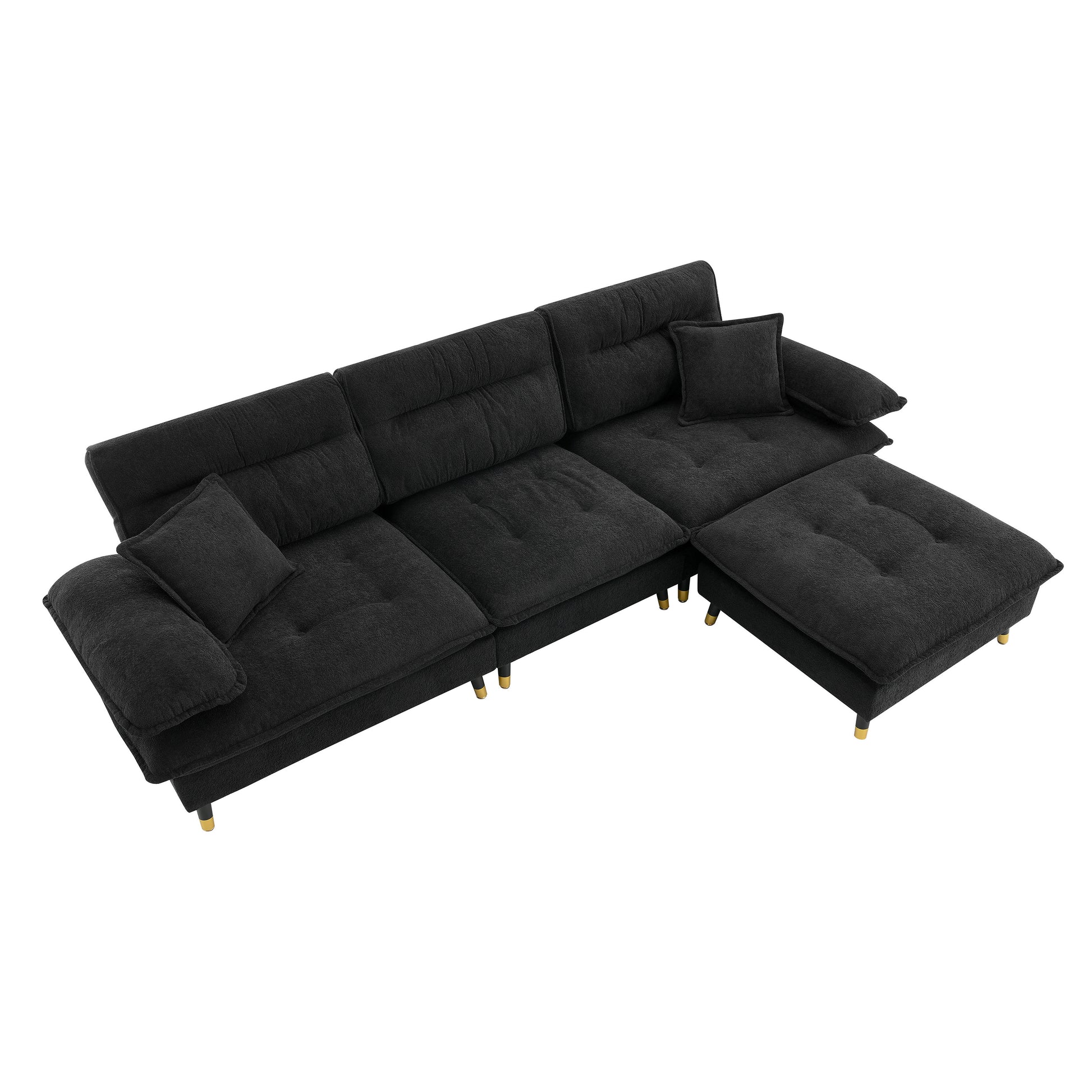 106*66.5" L Shaped Convertible Sectional Sofa,4 Seat Tufted Couch Set With Two Tone Adjust Legs,Cloud Chenille Fabric,Movable Ottoman For Living Room, Apartment,Office,3 Colors Black Chenille 4 Seat