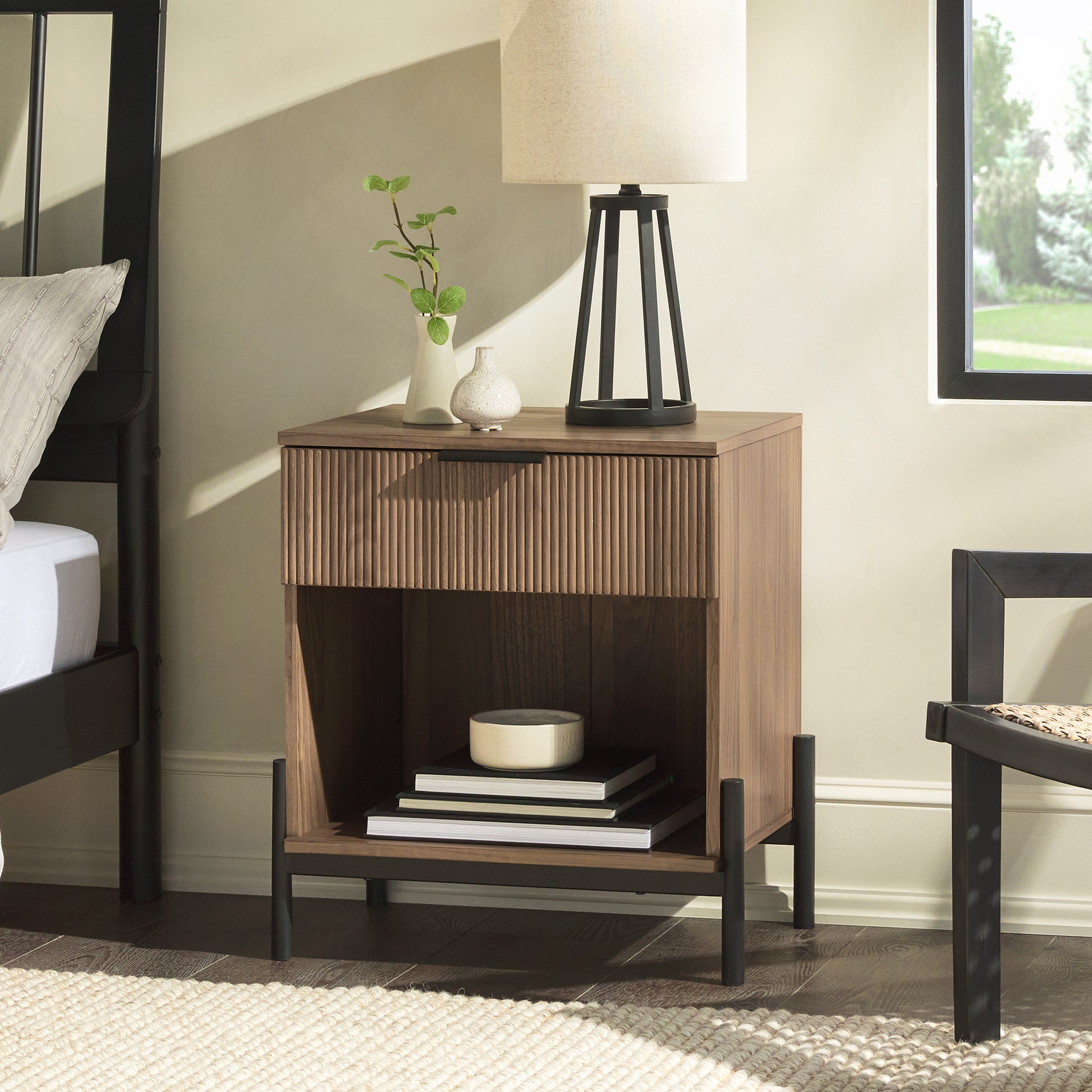 Modern Fluted Drawer Nightstand With Open Cubby Mocha Coffee Mdf Mdf